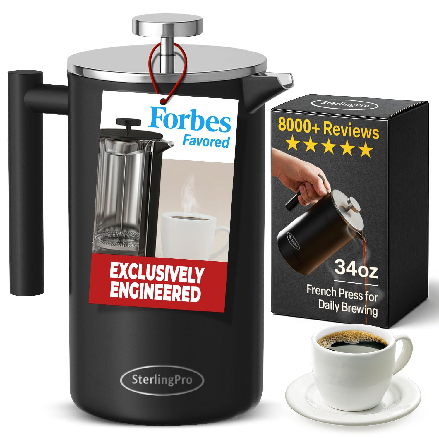 SterlingPro French Press Coffee Maker-Double Walled Large Coffee Press with 2 Free Filters- Granule-Free Coffee, Stylish Rust Free Kitchen Accessory-Stainless Steel French Press (1L, Black)
