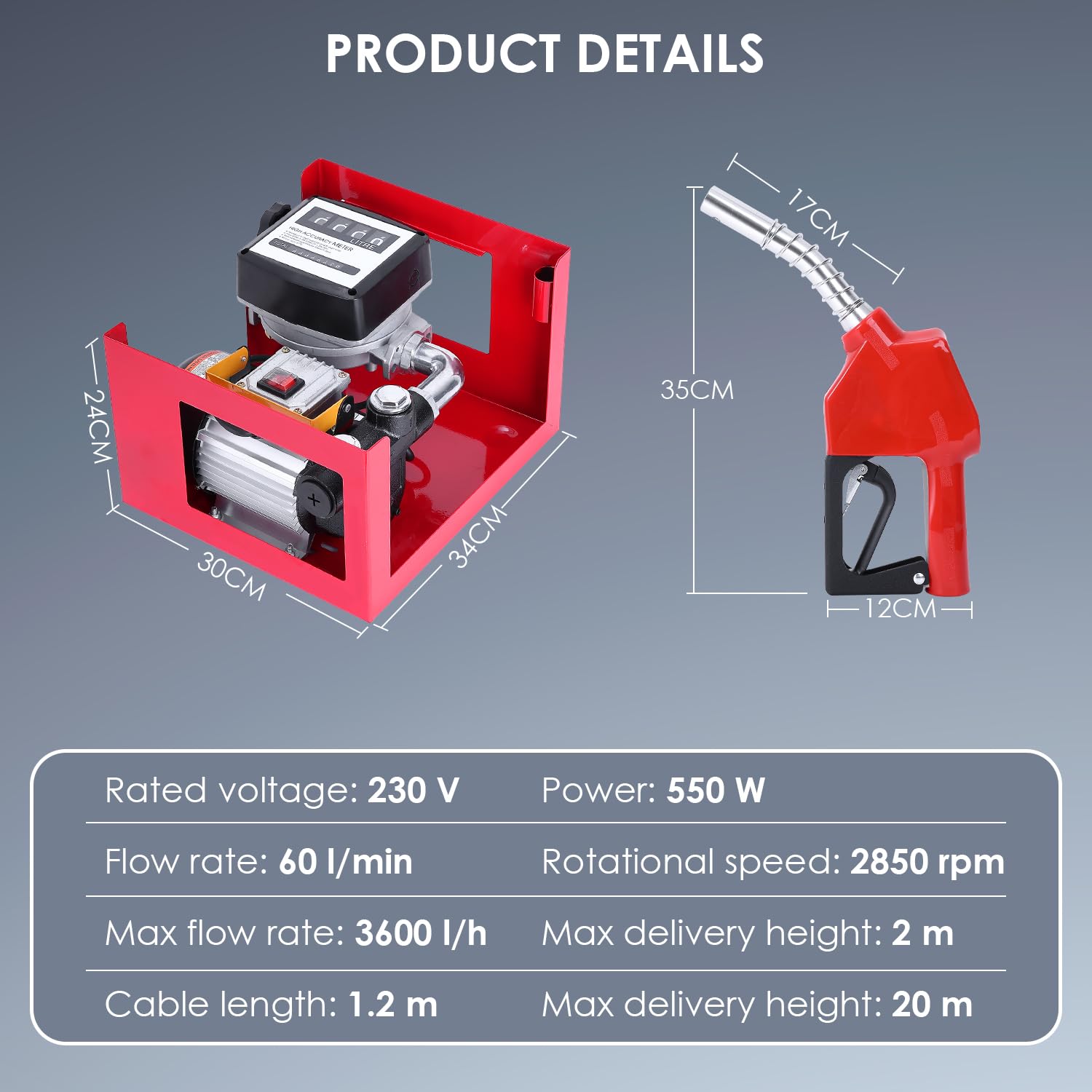 Bomba gasóleo, 220 V 550 W bomba de aceite autocebante, gasolineras móviles 60/min, con mangueras y boquilla(Diámetro de la boquilla20 mm), para camiones cisterna, etc