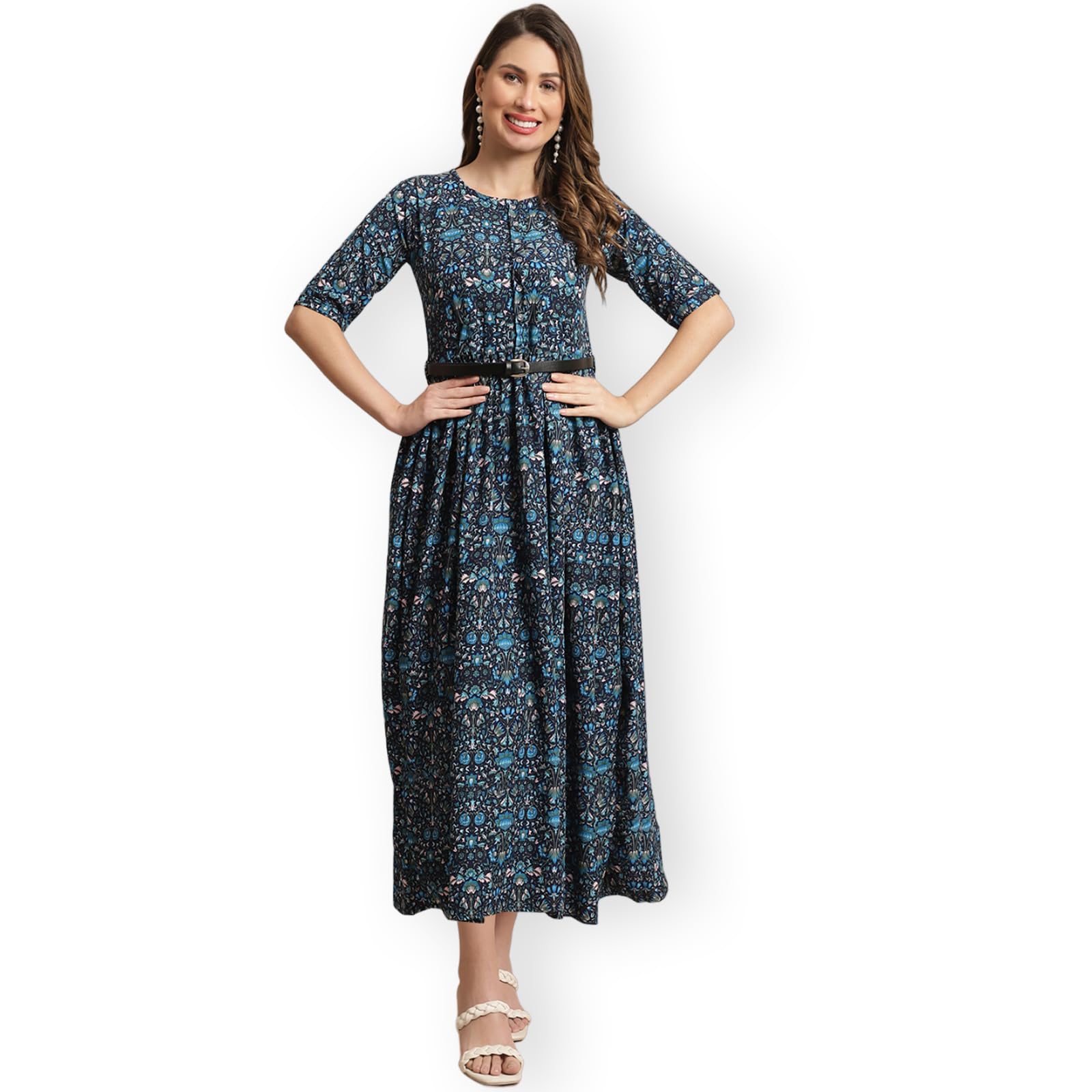 Preneum Girls's Georgette Floral Printed 3/4 Slevees A-Line Fit & Flare Gown With Belt, Blue, Xl