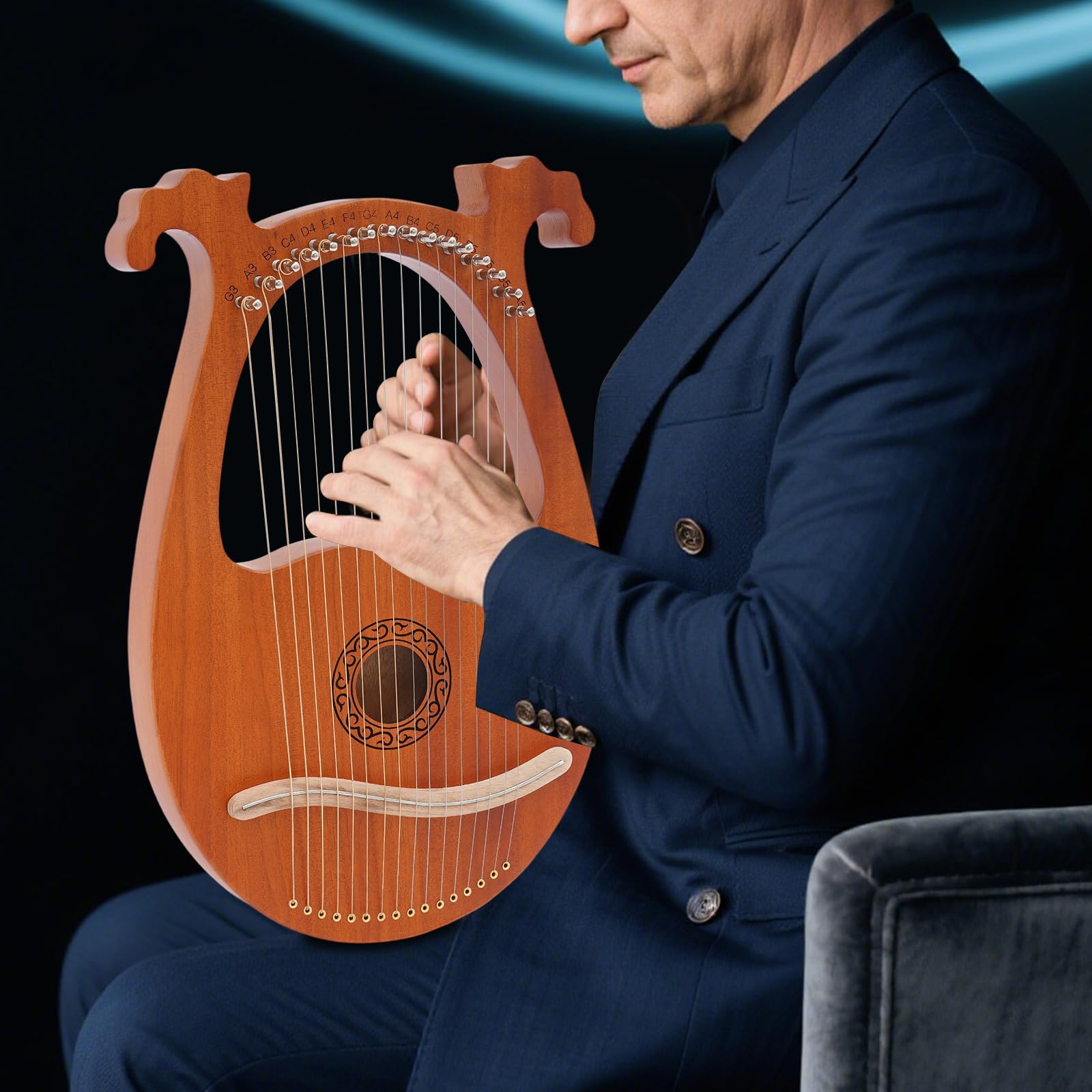 Arpa de 16 cuerdas con patrón europeo | Arpa de viaje ligera en aspecto de madera natural | Ideal para niños | Pedagogía musical y relajación en casa | Diseño elegante para salón, escuela y jardín