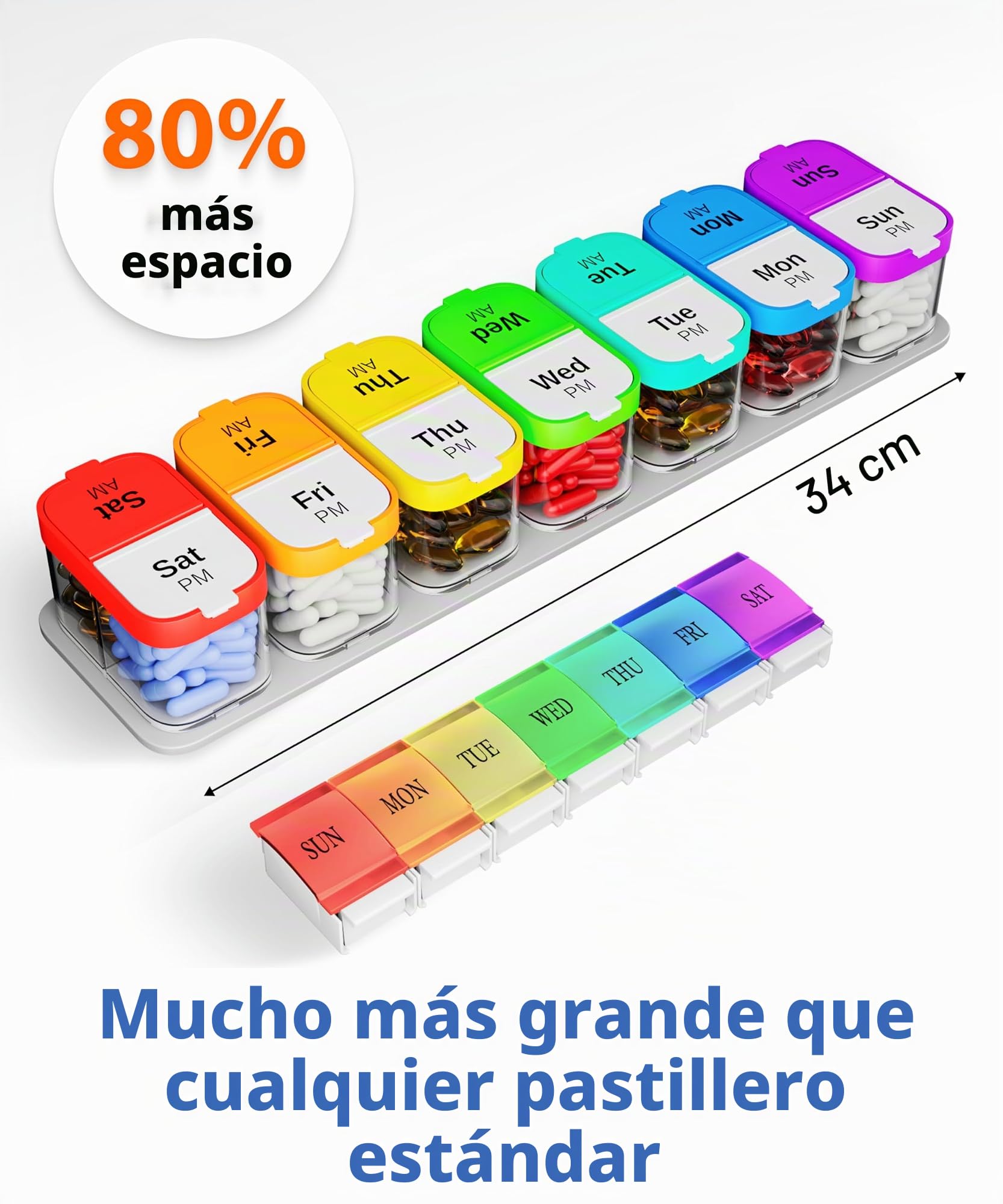 Organizador semanal XL de píldoras, soporte de vitaminas con 7 compartimentos desmontables AM/PM, dispensador portátil para hogar y viajes