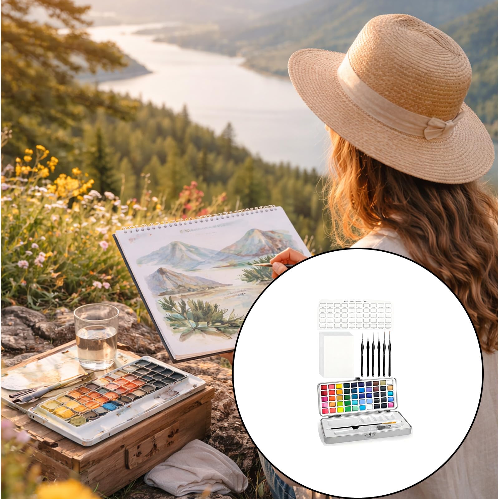 Set di pittura ad acquerello con 50 colori, latta di metallo e strumenti a pennello per pratica artistica domestica, schizzi di viaggio e pittura all'aperto