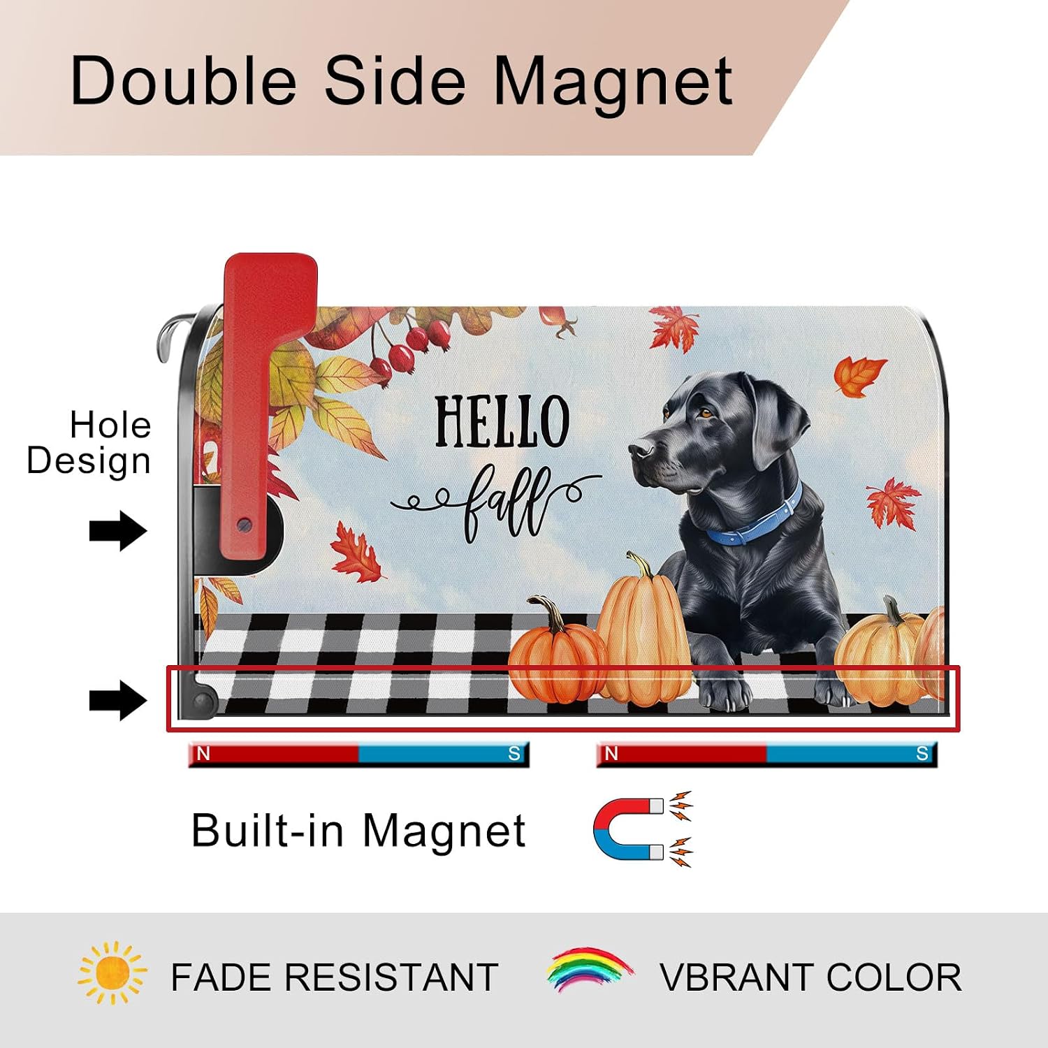 Hello Fall Black Labrador Dog Pumpkin Mailbox Cover Magnetic Standard Size 21x18 Inch Autumn Decorative Post Letter Box Wrap Decor Garden Yard Decoration