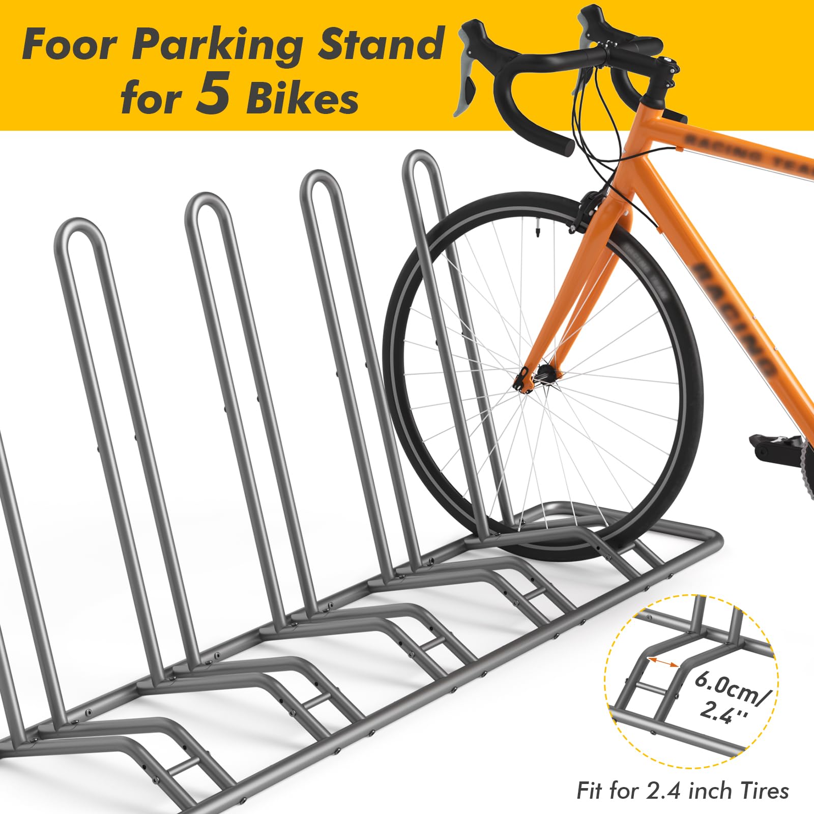 Fahrradständer Boden für 5 Fahrräder – Einstellbare Fahrradhalter | Dualer Fahrrad Ständer für Erwachsene & Kinder –Indoor & Outdoor – Ideal für Mountainbikes & Rennräder, stabil & platzsparend