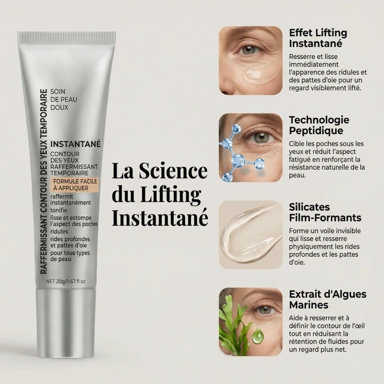 Lote de antiarrugas Instant Firm, para Ojos y Líneas Finas con 1 Cepillo | Reafirmante instantáneo contorno de ojos, atenúa bolsas, arruguitas y patas de gallo, fórmula ligera adecuada para todos