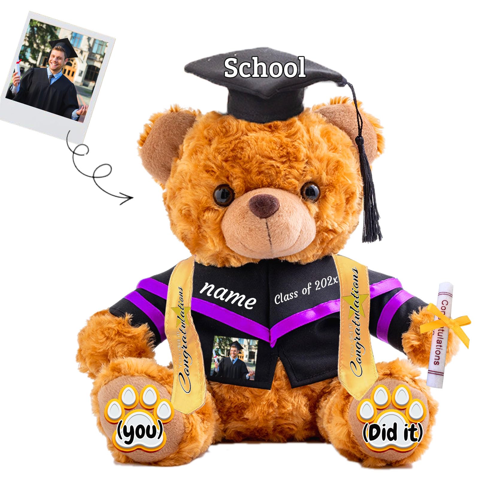 JABECODIFA Graduation Bear Class of 2025 Personalised Graduation Gift for Her Teddy Bear with Text+Photo as 2025 College High School Kindergarten Graduation Gifts 2025 (8 IN-Text+Photo)