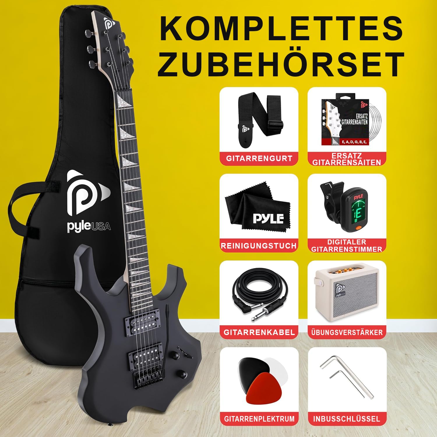 Pyle E Gitarre – Electric Guitar Set – E Gitarre Set mit Elektrische Gitarre, E-Gitarre Verstärker, Gitarren Tasche, Saiten, Gurt, Stimmgerät & Kabel, für Heavy Metal & Reisegitarre, Gitarre Schwarz
