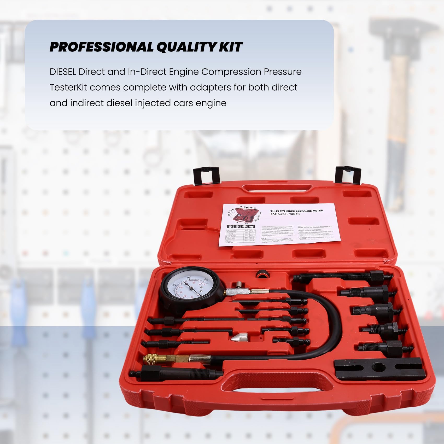 Kit de Comprobador de Compresión de Motor con Manómetro TU-15B, Medidor de Presión para Pruebas de Cilindros