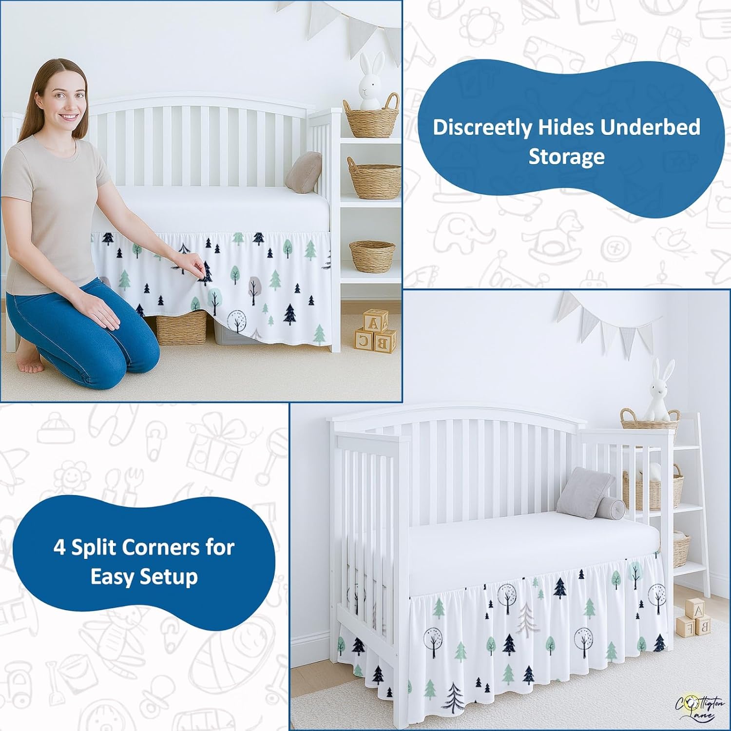 Cottington Lane Crib Skirt Dust Ruffle, Soft & Durable Nursery Crib Toddler Bedding Skirt for Baby Girls or Boys, Fits Standard Cribs 28" x 52" with 14" Drop, Classic Ruffled Design, Winter Forest