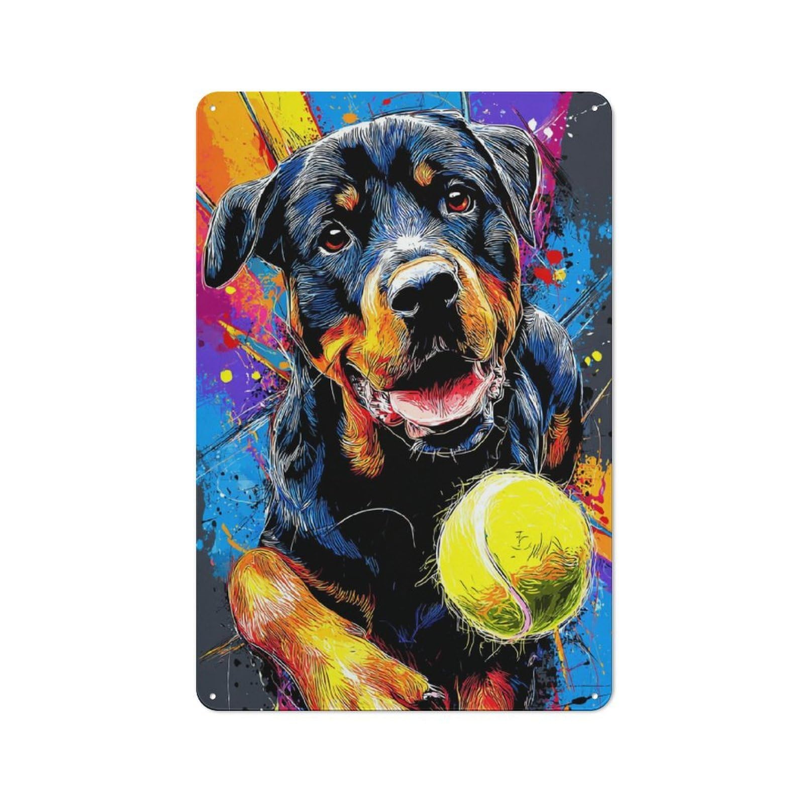 Junmoney Colorful Rottweiler With Tennis Ball -2 Printed Metal Sign For Pet Owners, Birthday, Christmas Or Housewarming Gift, 30X20cm