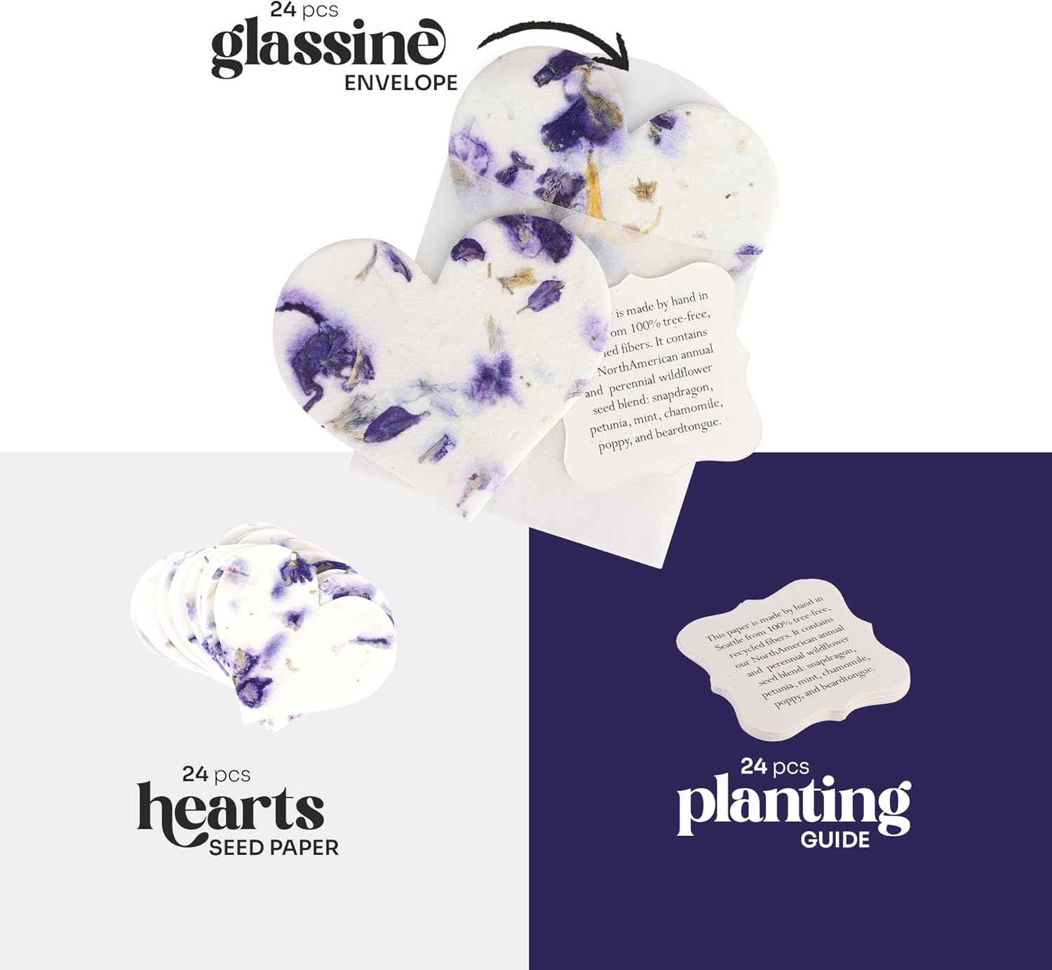 Set of 24 Purple Heart Seed Paper – Writable & Plantable Wildflower with Envelopes & Planting Guides, Mom's Gift for Mother’s Day, Use for Wedding, Baby Shower, Heart Party Favors & Easter Decorations
