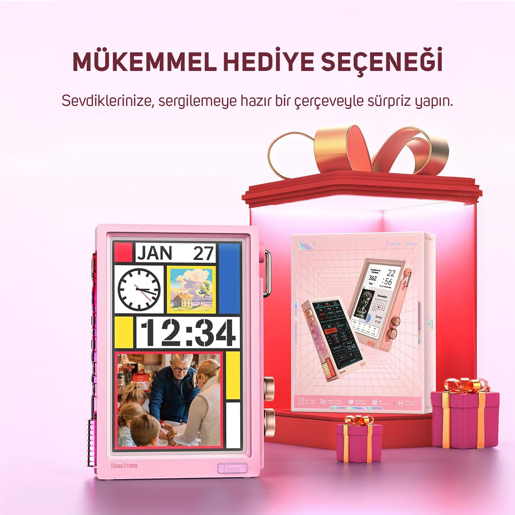 Divoom LoveLock Ses Kayıt Özellikli Bluetooth Hoparlör ve Times Frame Akıllı Dijital Çerçeve Hediye Seti, Pembe