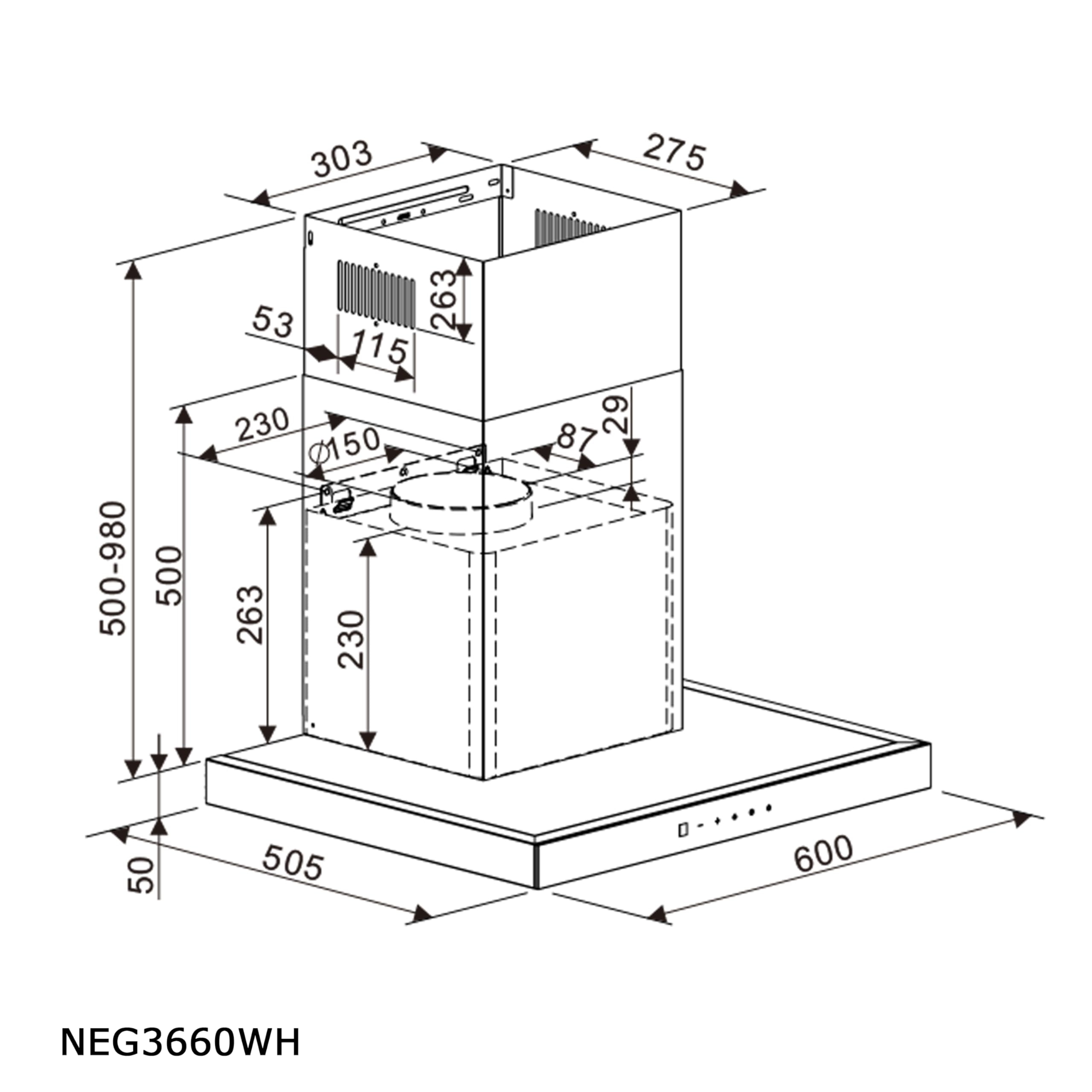 NEG Dunstabzugshaube NEG3660WH2 Wandhaube 60 cm Edelstahl | 2 Power-Stufen bis 830 m³/h, Abluft und Umluft, Sensor-Touch