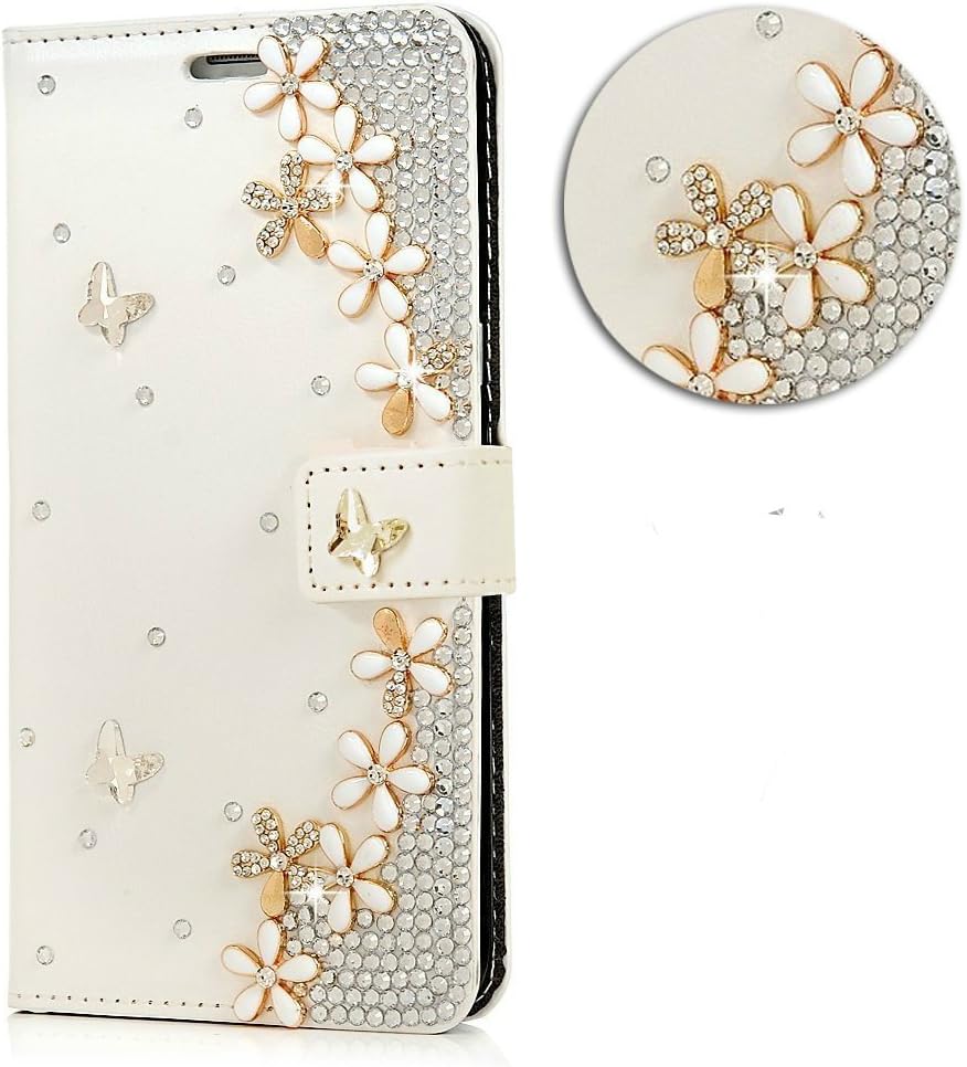 S8 + Case,Samsung Galaxy S8 Plus Case - 3D Handmade Wallet Bling Crystal Diamonds Ten Camellia Floral Fashion Embossed PU Leather Cover with Magnetic Clasp Card Holders, White (S8 Plus, Diamond 01)