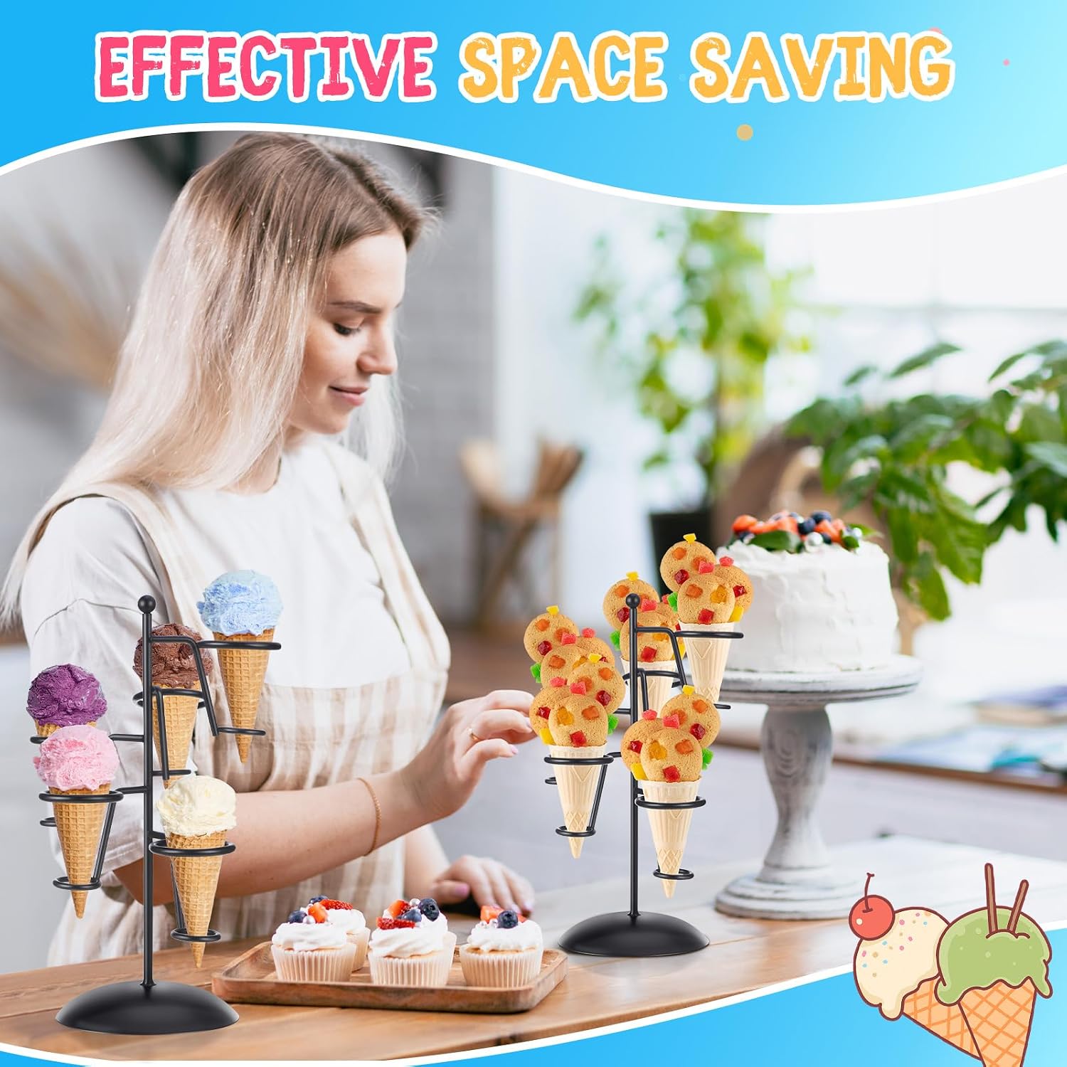 FoldTier 2 Pack Iron Ice Cream Cone Holder for Party 5 Holes Waffle Cone Display Stand with Base Hand Roll Sushi Popcorn Candy Rack Holds up to 10 Summer Supply for Weddings Sweets Savory