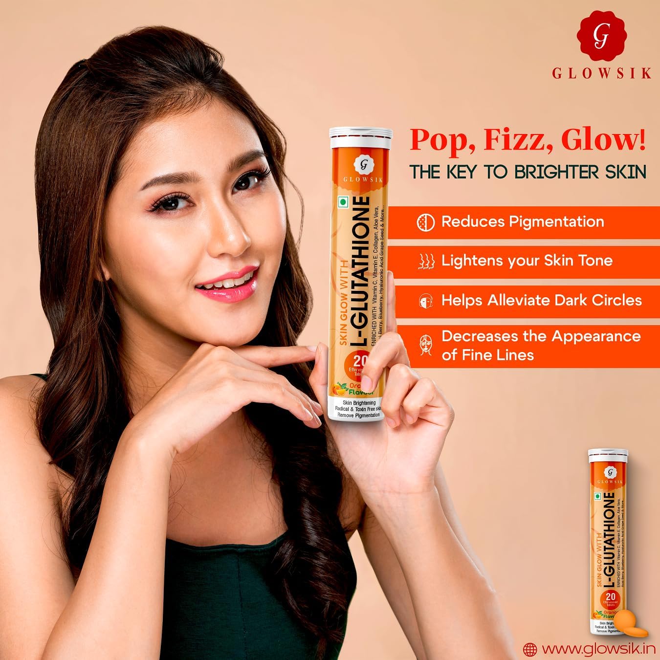 Glowsik Glutathione with Vitamin C, 40 Effervescent Tablets for Skin Health, 600mg Glutathione Reduced, Antioxidants Supplements for Glowing Skin Health, Orange Flavour - Image 7 thumbnail