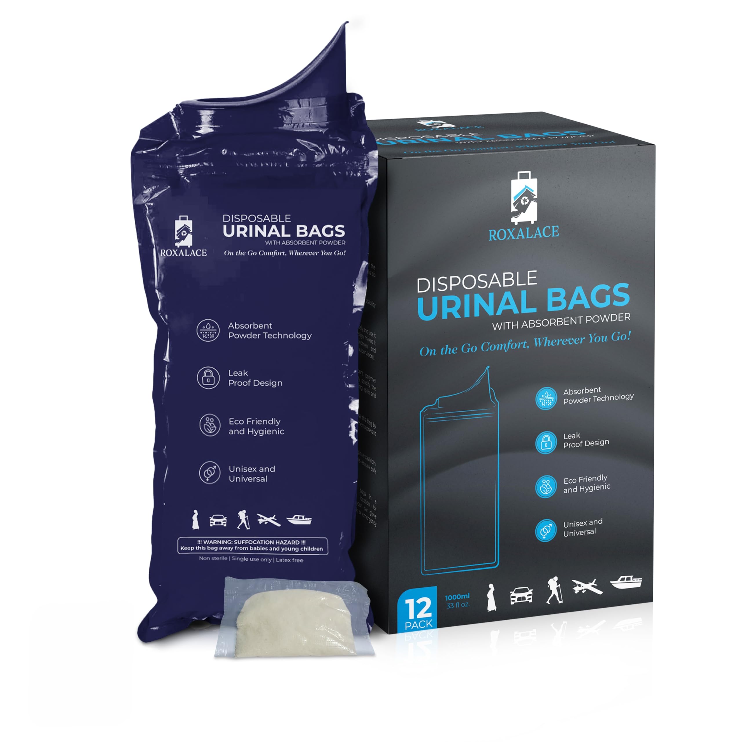 ROXALACE® Disposable Urinal Bags, 12 Pack 1000 ml Unisex Urine Bag Travel Traffic Jam Emergency Urinals Bag, Camping Pee Bags, Portable Toilet Pee Bags for Men, Women, Kids, Patient