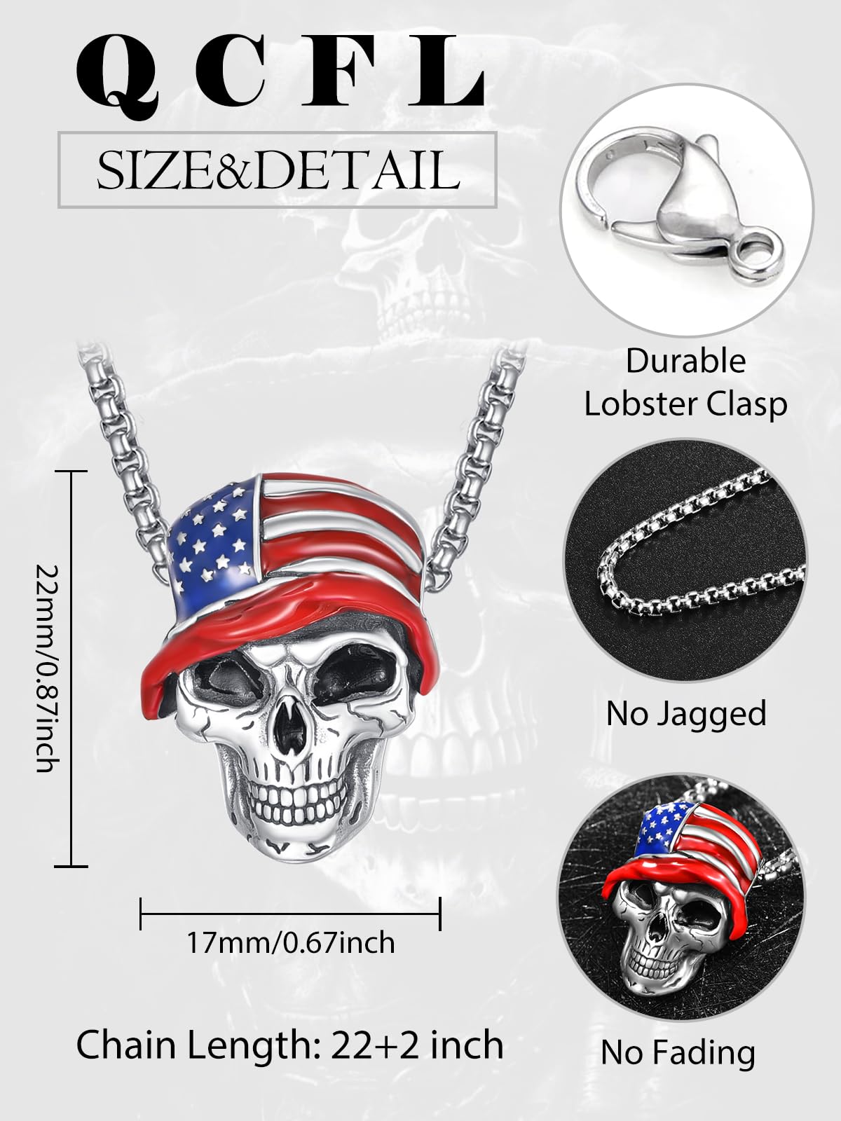 QCFL Skull Necklaces for Men, 925 Sterling Silver Mens Pendant Necklace, Cool Gothic Skull Jewelry Halloween Jewelry Gifts for Men Husband Him Father Son: American Flag