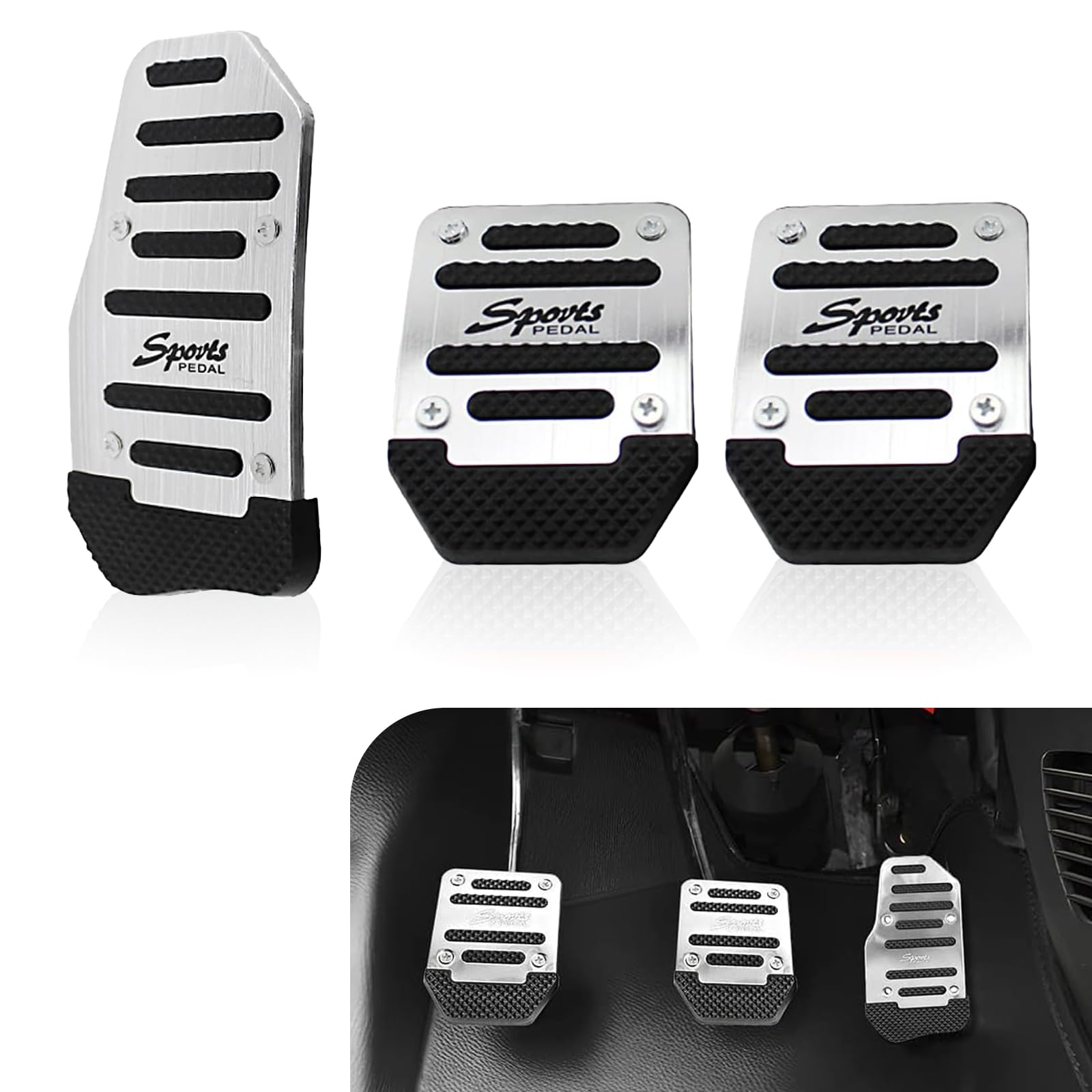 Pack-3 Car Manual Transmission Accelerator Brake Clutch Pedal Kit, 5.7" x 3.1" + 2.6" x 3.5" Alloy Rust-Proof Durable Pedal Cover, Non-Slip Safety Rubber Strip, Universal for Cars (Silver)