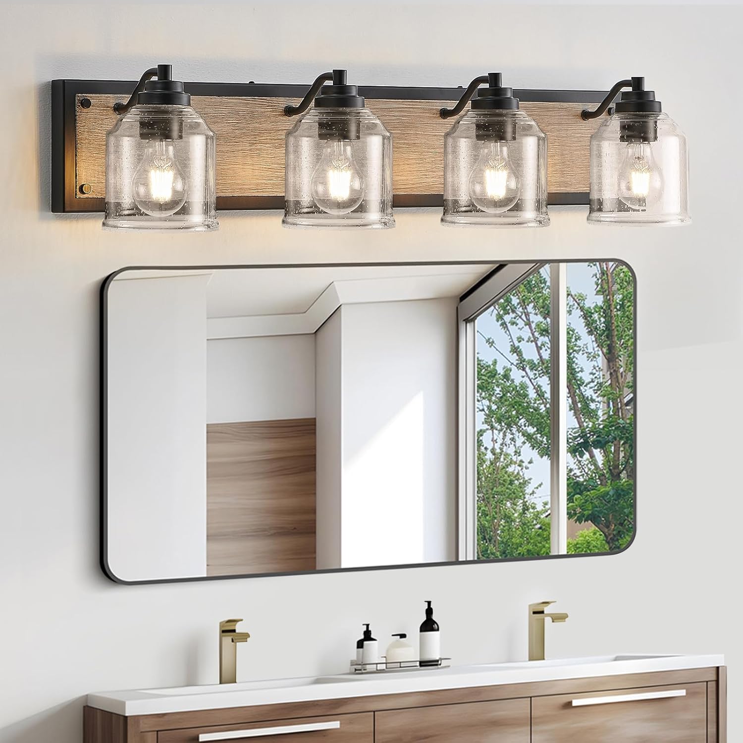 31.5 inches Large Farmhouse Vanity Light for Bathroom, Farmhouse Bathroom Vanity Light with Bubble Glass Shades, 4-Light Rustic Over Mirror E26 Base