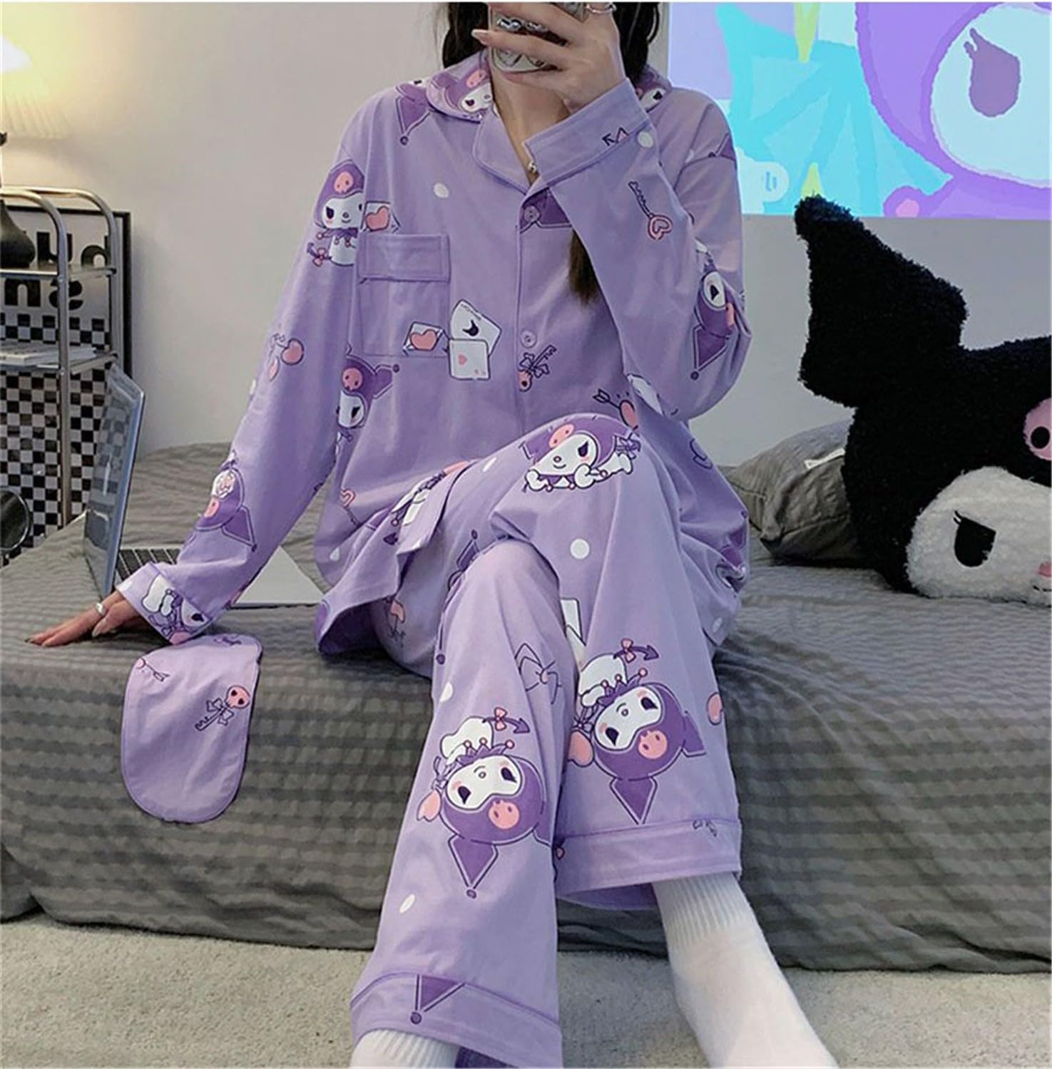 Kawaii Cartoon Pijama Mujer Niña Camiseta de Manga Larga y Pantalón Largo Conjunto 2 Piezas Ropa de Domir para Primavera Verano Morado/1 M