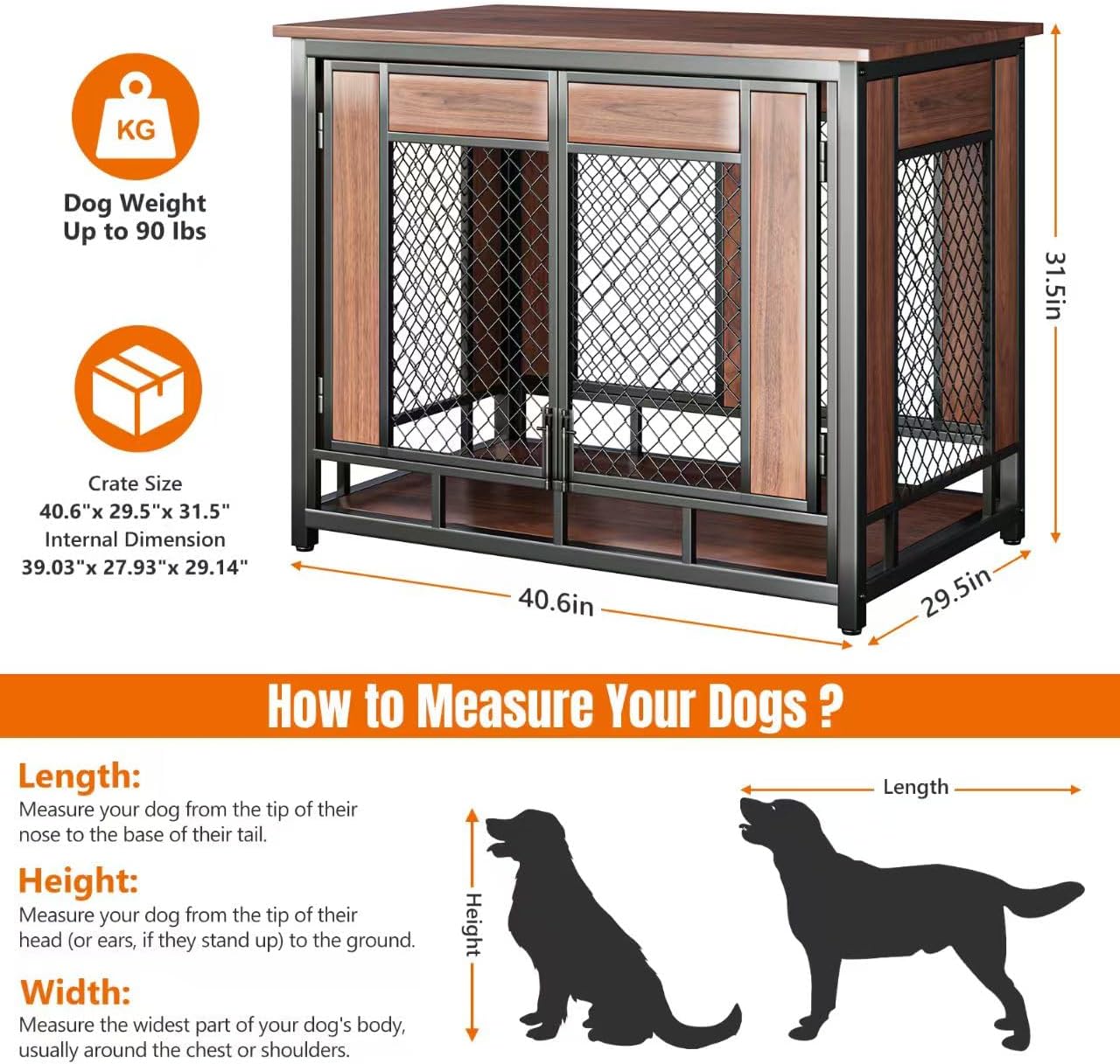 Dog Crate Furniture, 41'' Wooden Dog Kennel Furniture Indoor with Double Doors, Decorative Dog Cage End Table for Medium Large Dogs,Modern Dog Crate with Multi-Purpose Removable Tray,Rustic Brown