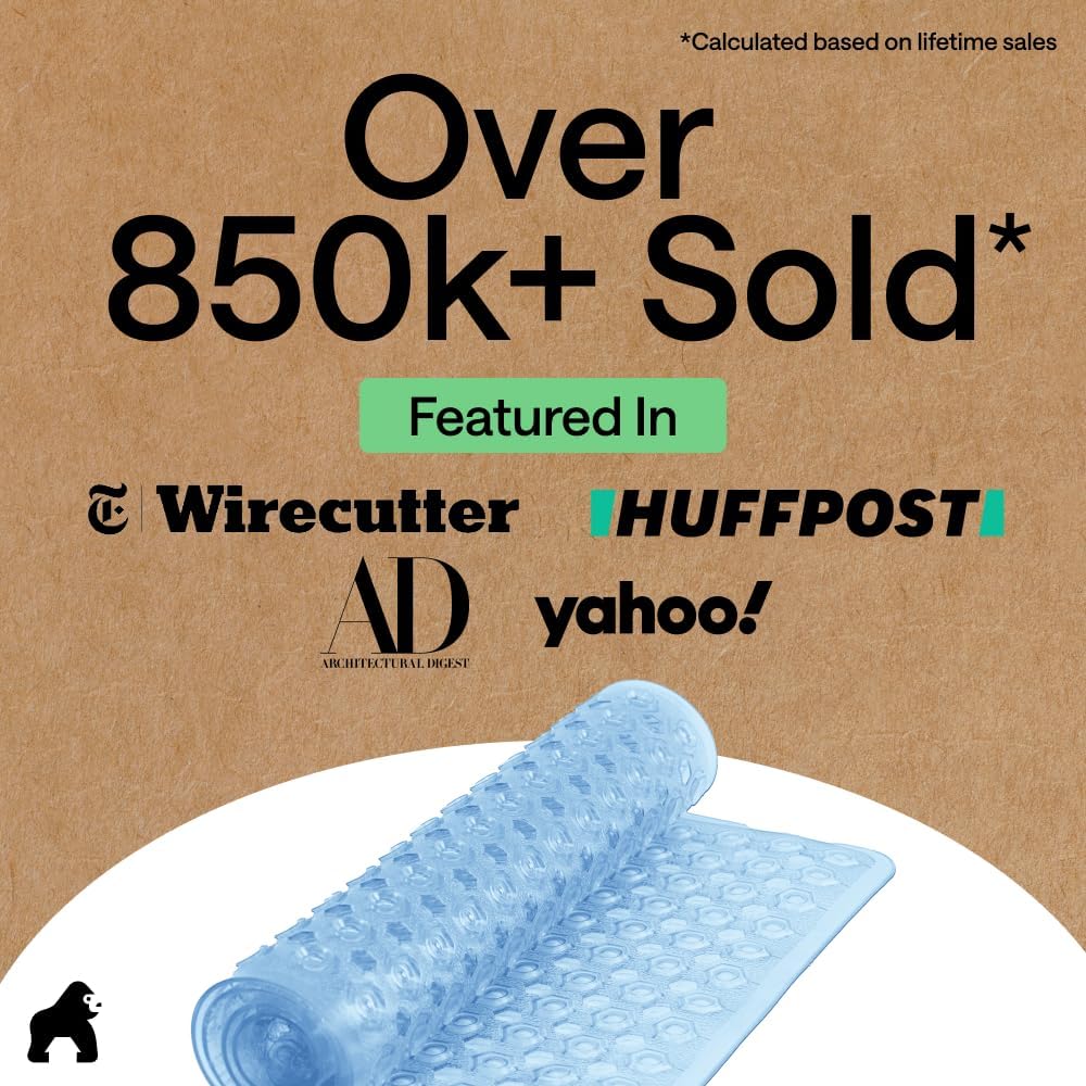 GORILLA GRIP Patented Bath Tub Shower Mat, Machine Washable Bathtub Floor Liner Mats, Suction Cups and Drain Holes to Keep Tubs Clean, Soft on Feet, Bathroom Essentials, 35x16 Inch, Clear Blue - Image 9