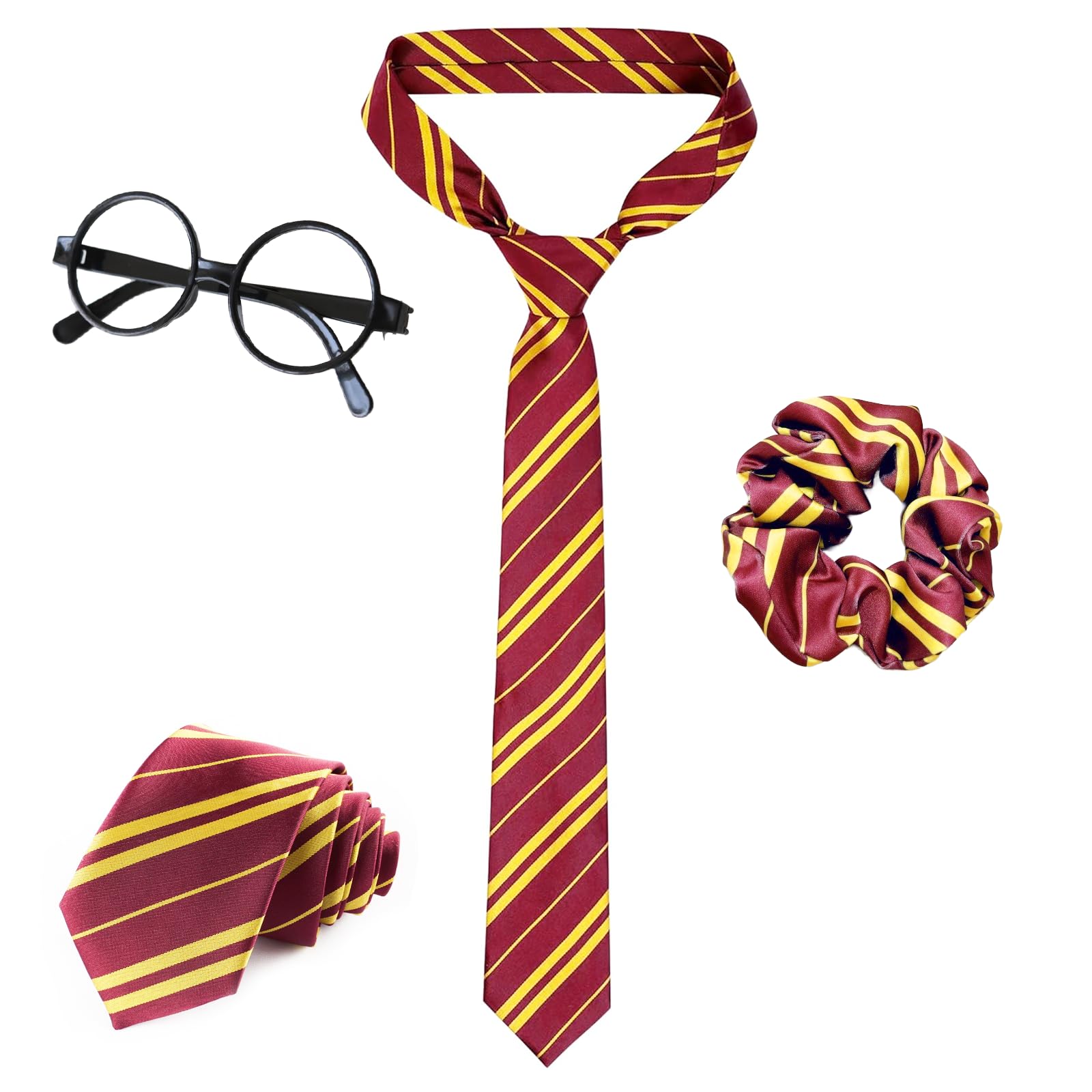 4 Pcs Wizard Costume Accessories Set, Wizard Cosplay Accessories with Wand Striped Tie Hairtie Glasses World Book Day Fancy Dress Costume Accessories Classic Wizard Cosplay Accessories Adults (Red)