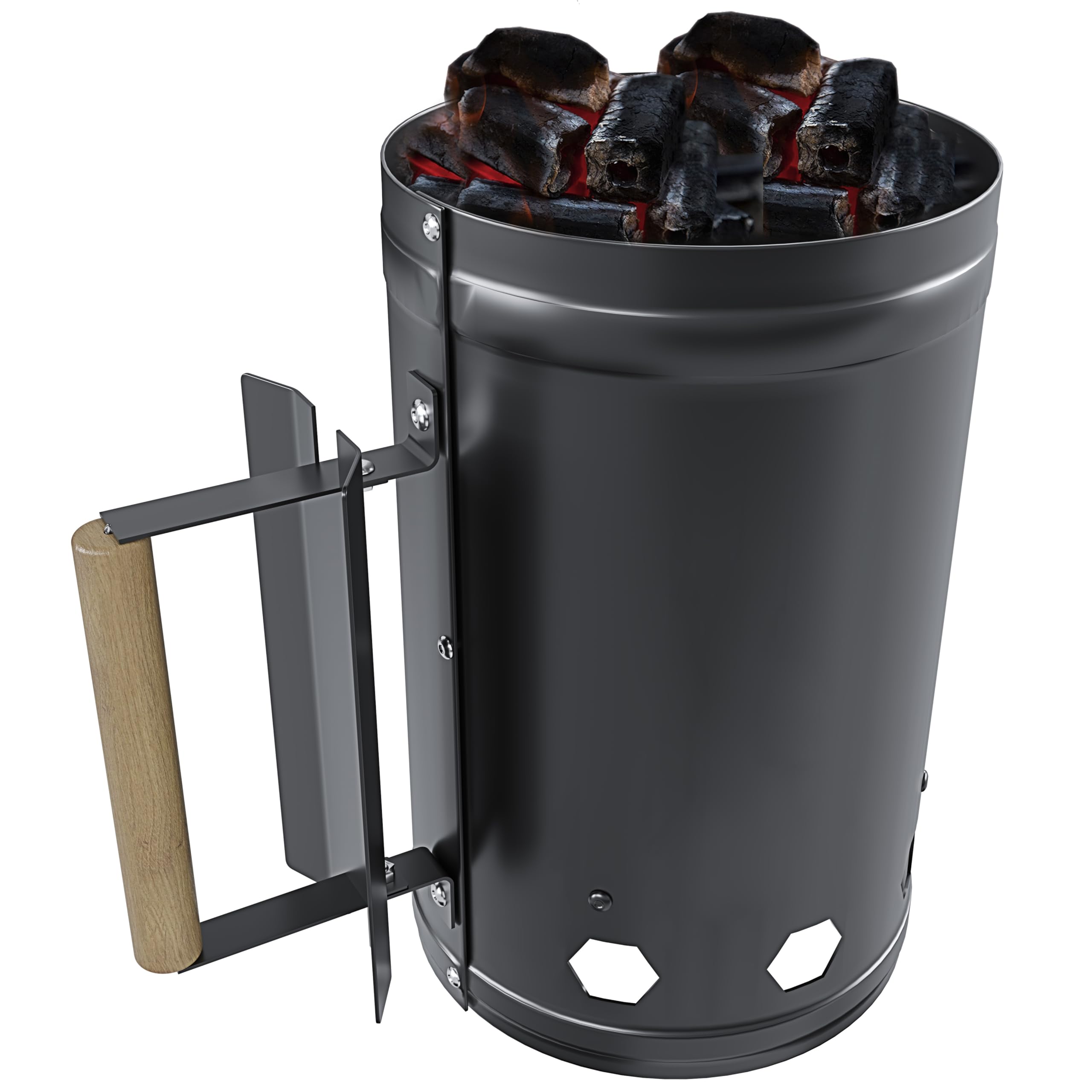 EGLEMTEK Ciminiera Starter Accenditore per Barbecue BBQ A Carbone con Impugnatura in Legno Antiscivolo Accendi Carbonella Bricchetti Diametro 17 Cm E Altezza 27 Cm Capienza 1,5 kg Colore Nero