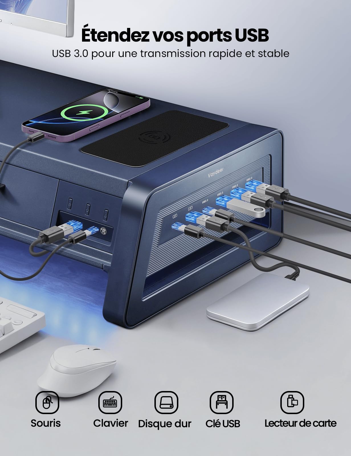 VAYDEER Support double moniteur avec 8 ports USB 3.0, support de transfert de données pour 2 moniteurs, support en métal pour PC, ordinateur portable, jusqu'à 32 pouces, noir