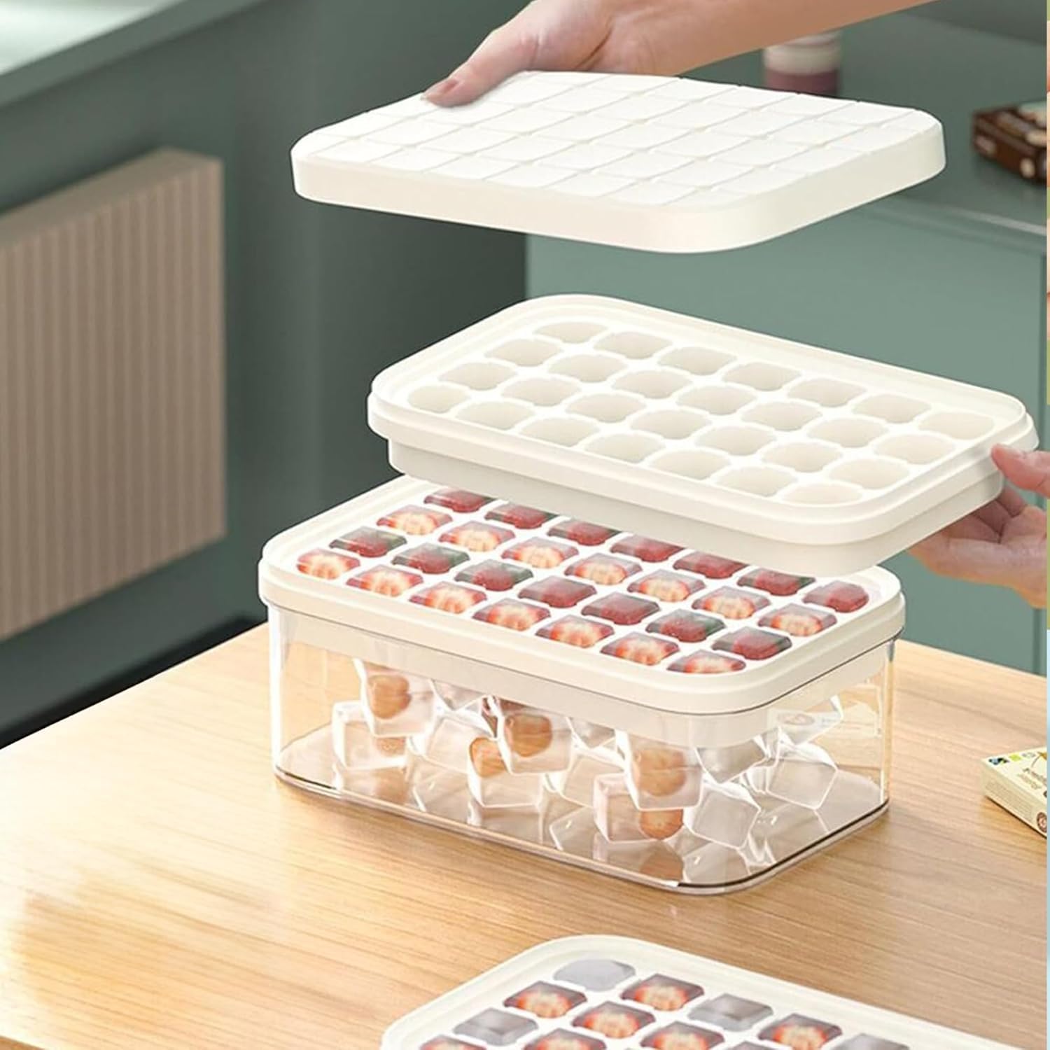 2 Layer Ice Cube Tray with Storage Box & Scoop, 56 Grid Ice Cube Maker with Lid, One-Press Demolding, BPA Free Ice Molds for Whiskey, Cocktails, Mocktails & Soft Drinks