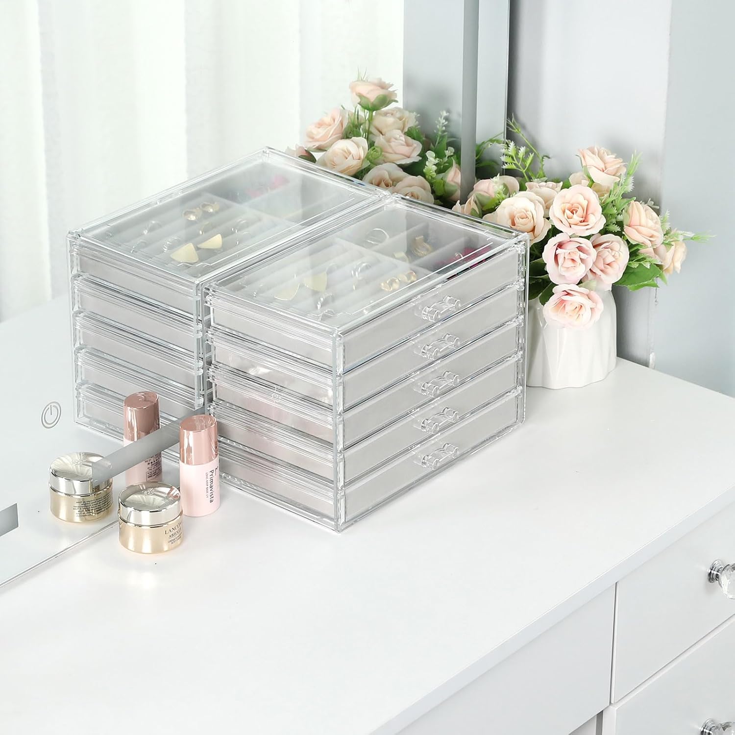 Clear Jewelry Organizer with 5 Drawers, Earring Organizer Jewelry Boxes for Women, Acrylic Earrings Display Holder for Storing Necklaces Earrings Rings, Grey