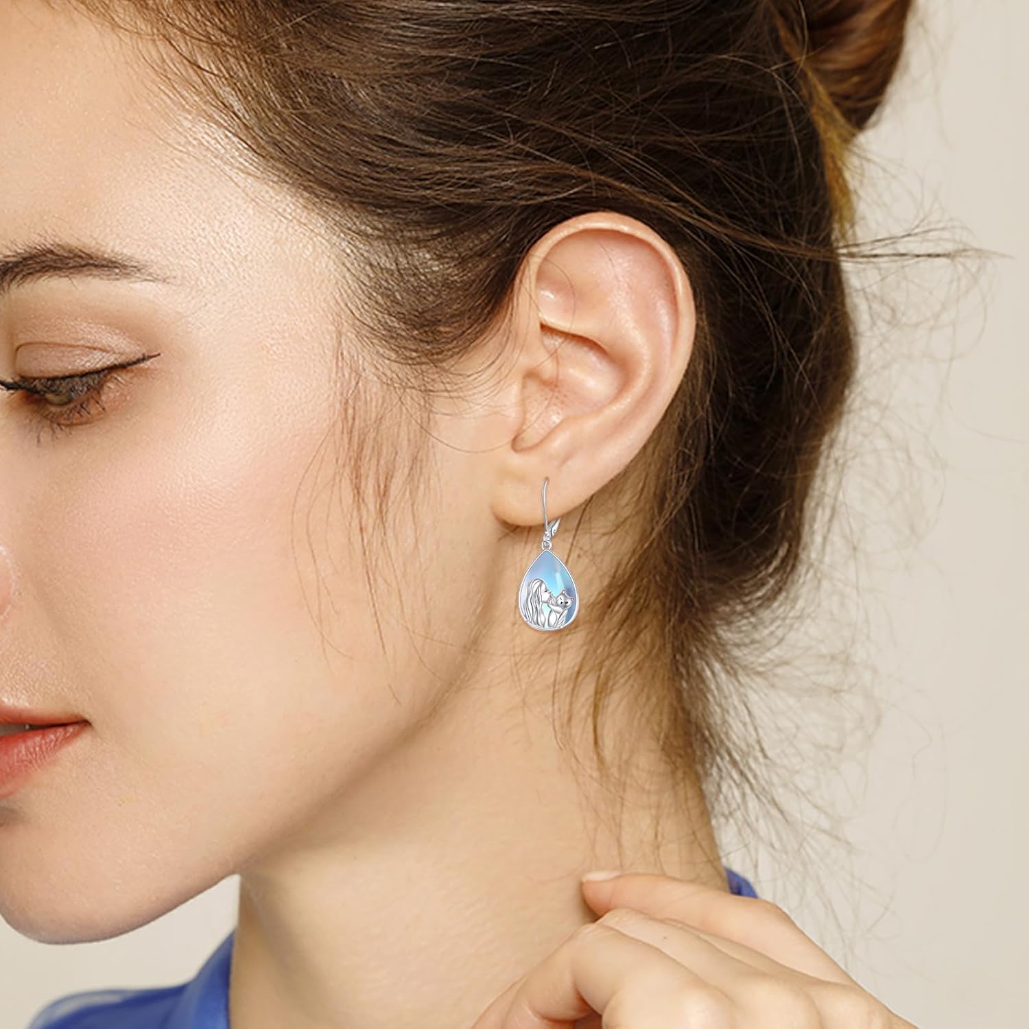 Cat Earrings with Moonstone – 925 Sterling Silver Teardrop Dangle Earrings for Women, Bohemian Jewelry with Cute Cat Design, Hypoallergenic Leverback Earrings - Image 3