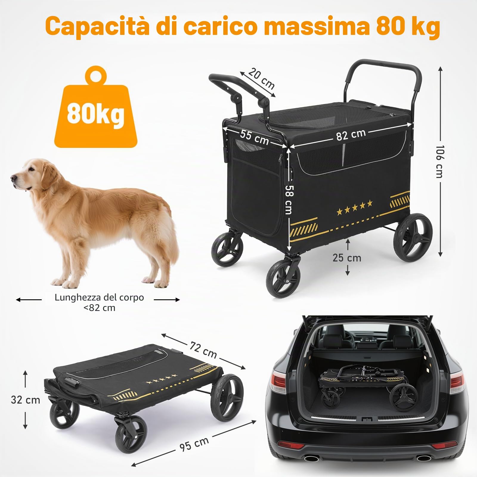 Passeggino per Cani Robusto con Rampa Pieghevole per Accesso Facile, Ideale per Cani Anziani o Infortunati, Passeggino per Animali con 2 Manici Regolabili, Fino a 80 kg
