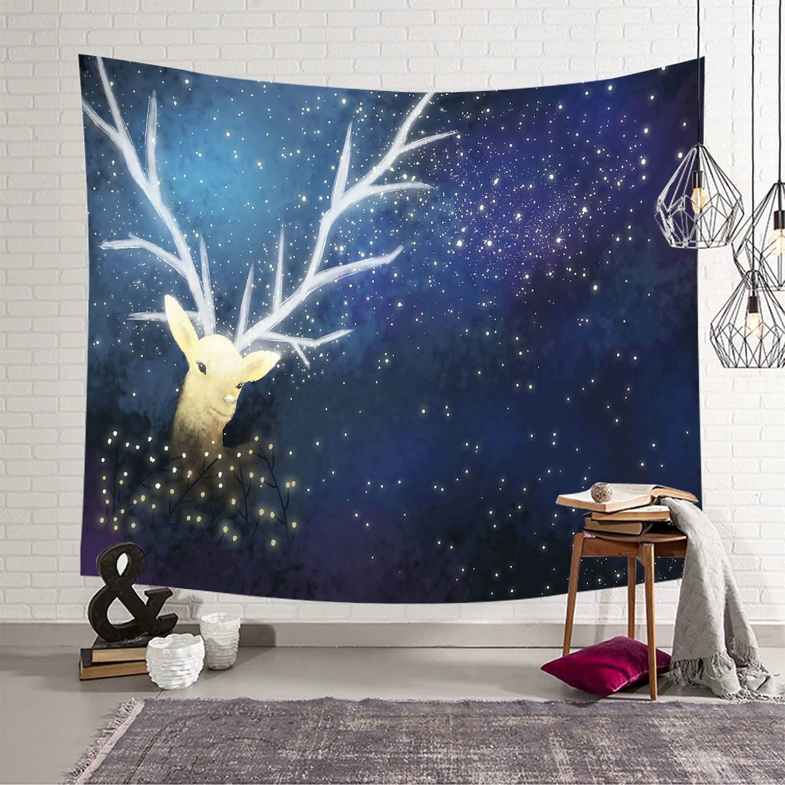 Tapiz de pared KnSam de alce y cielo estrellado, poliéster azul y lila, 150x150 cm 8
