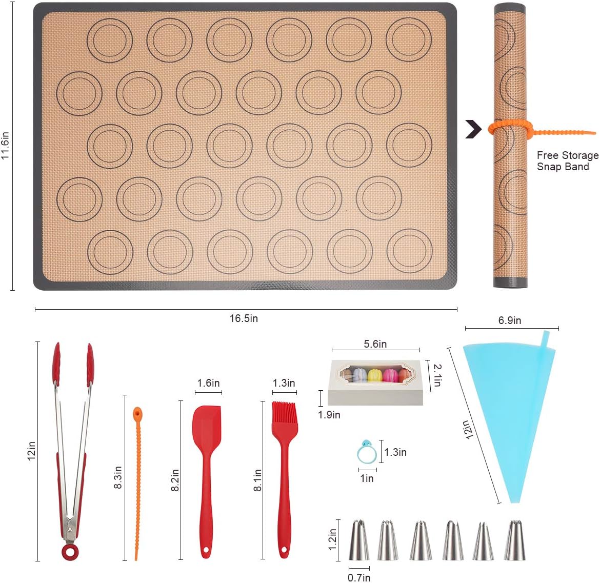 NASNAIOLL Silicone Macaron Mat Kit,Baking Mat Sheet:2Half Sheet mats 11.6"x16.5"+1Pastry Brush+1Spatula+6Piping Tips+2Piping Bags+2Bags Tie+2Baking mat Tie+2Couplers+1Tongs+1Cleaning brush+2Macaronbox