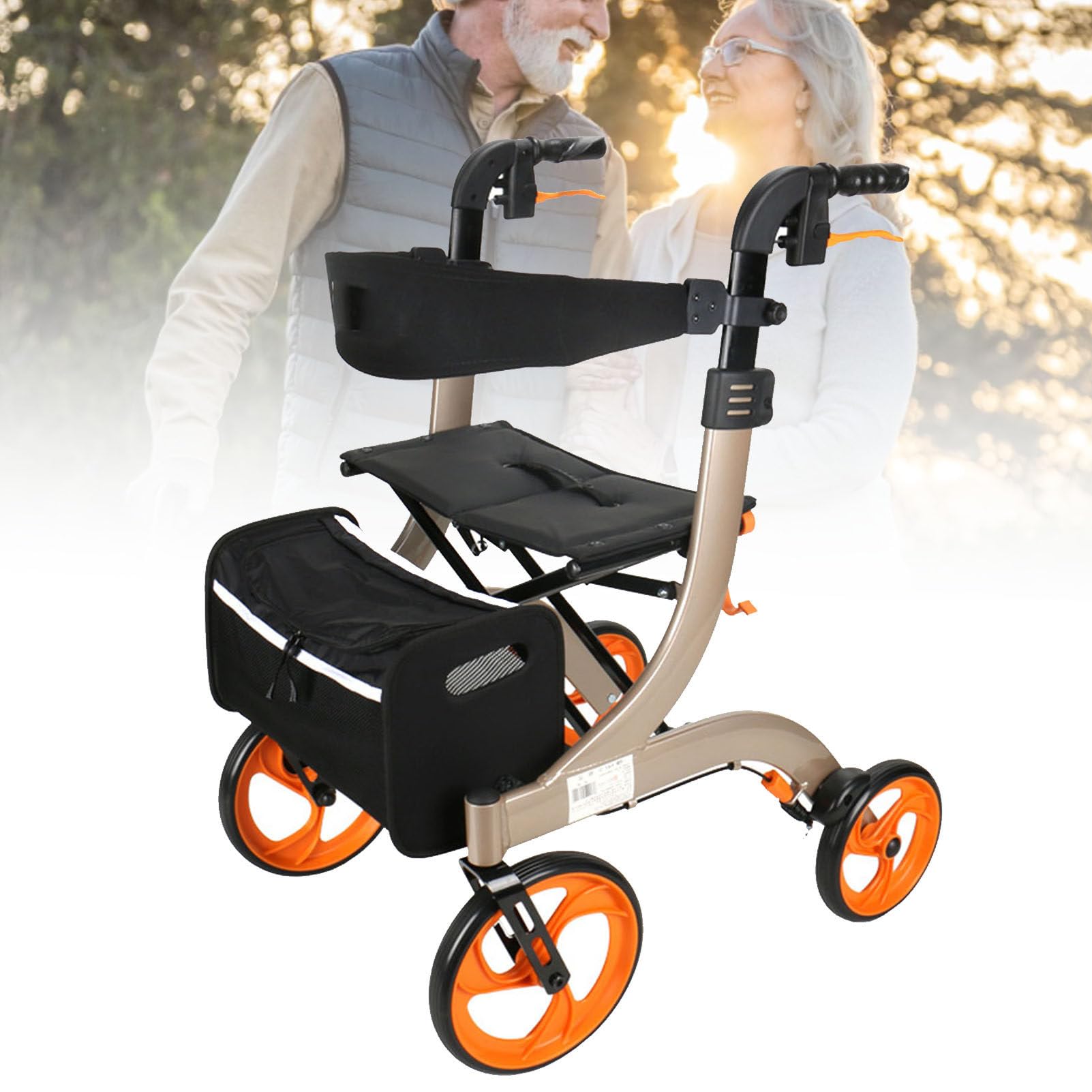 Andador eléctrico para silla de ruedas con asiento, diseño plegable, ruedas grandes, fácil maniobrabilidad, cesta conveniente para ancianos y discapacitados