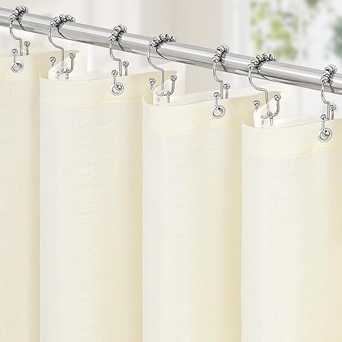 Miniatura 8 de MitoVilla Juego de cortina de ducha 3 en 1, cortina de baño de lino texturizado estilo bohemio blanco de granja y forro transparente de PEVA con 12