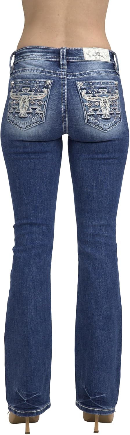 Miss Me Women's Aztec Longhorn Embellished Pockets Mid-Rise Bootcut Jeans
