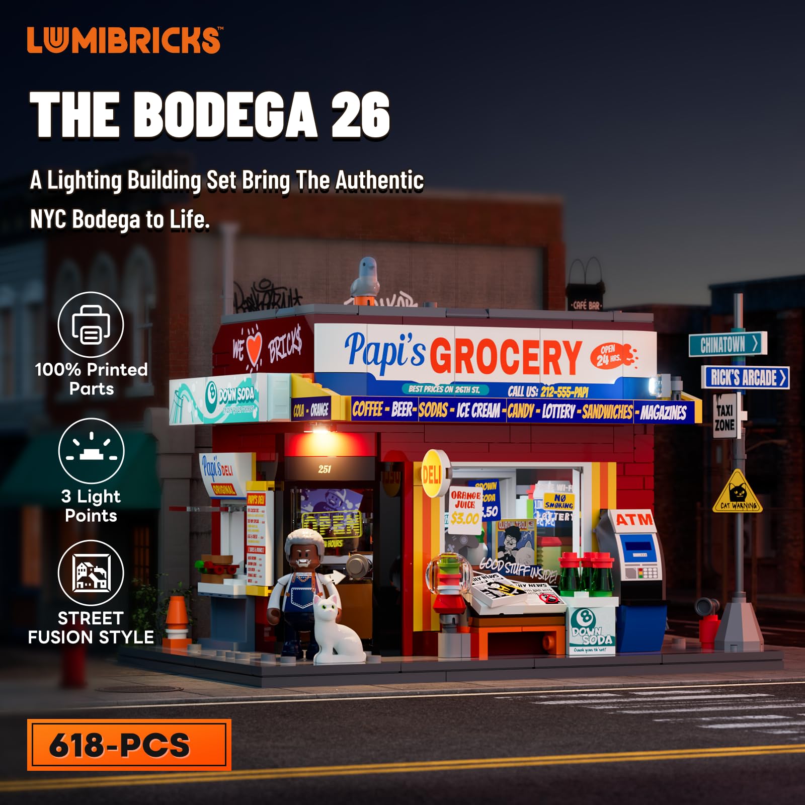 Lumibricks The Bodega zestaw do budowy z oświetleniem LED, 618 elementów, model kiosku nowojorskiego i sklepu spożywczego dla dorosłych, modułowy budynek na rogach ulic, model kolekcjonerski i prezent