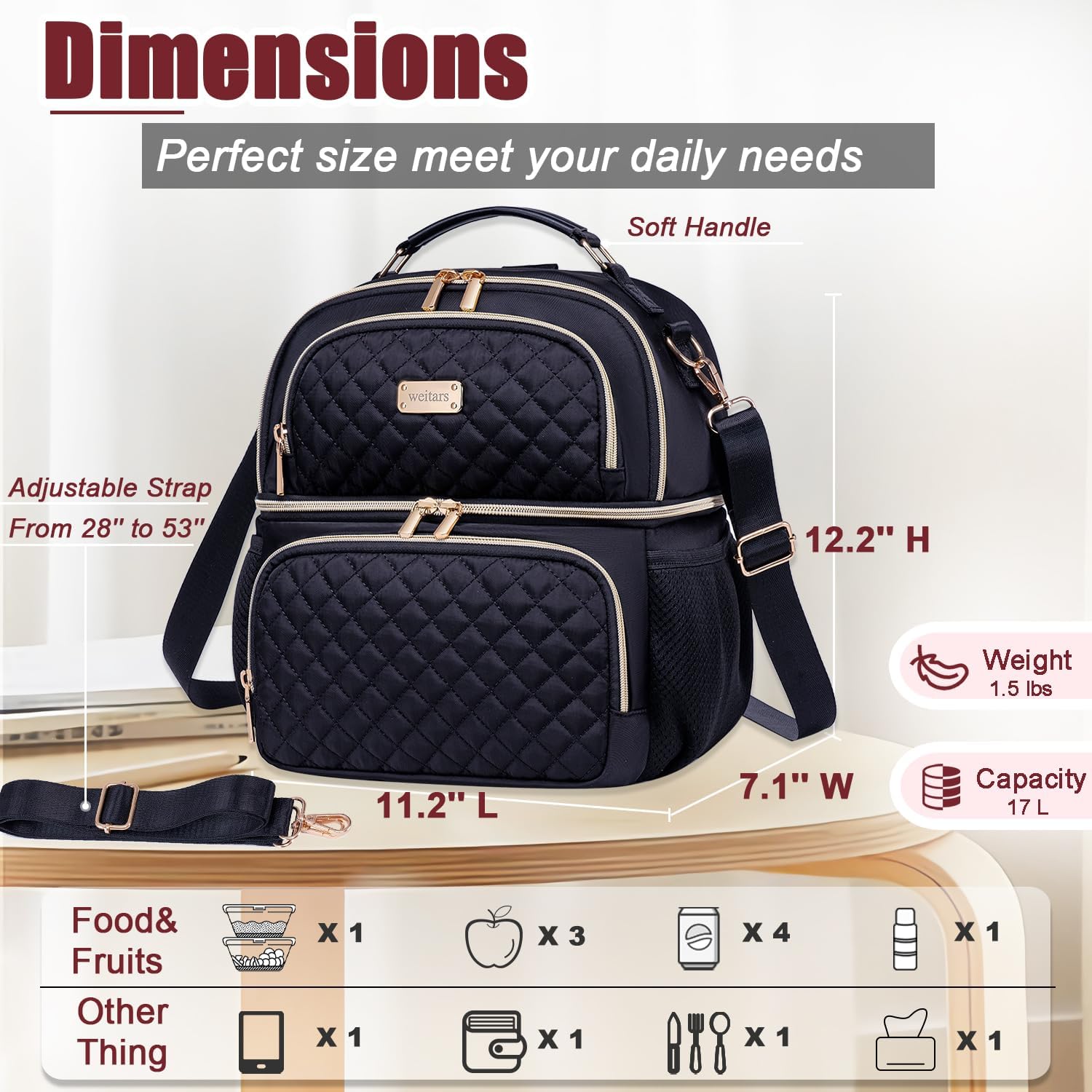 Weitars Lunch Bag for Women,Dual Compartment Lunch Box for Women Lunch Tote for Work,Insulated Leakproof Large Lunchbox Lunch Cooler for Adult for Men, Women, Lunchbag for Hiking,Picnic,Beach - Image 4