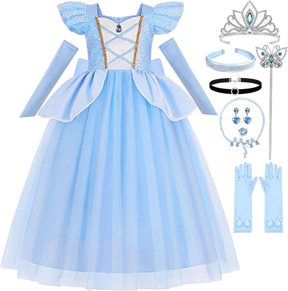 Luzlen Cinderella Costume for Girls Kids Blue Princess Dress with Accessories Halloween Birthday Party Outfits