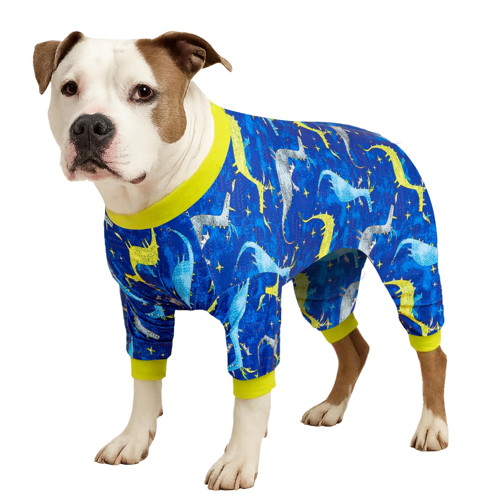 LovinPet Large Dog Pj - Pet Anxiety Calming Shirt, Dog Jammies for After Surgery, Lightweight Fabric, Blue Dragon Print, Pitbull Clothes, Long-Sleeved