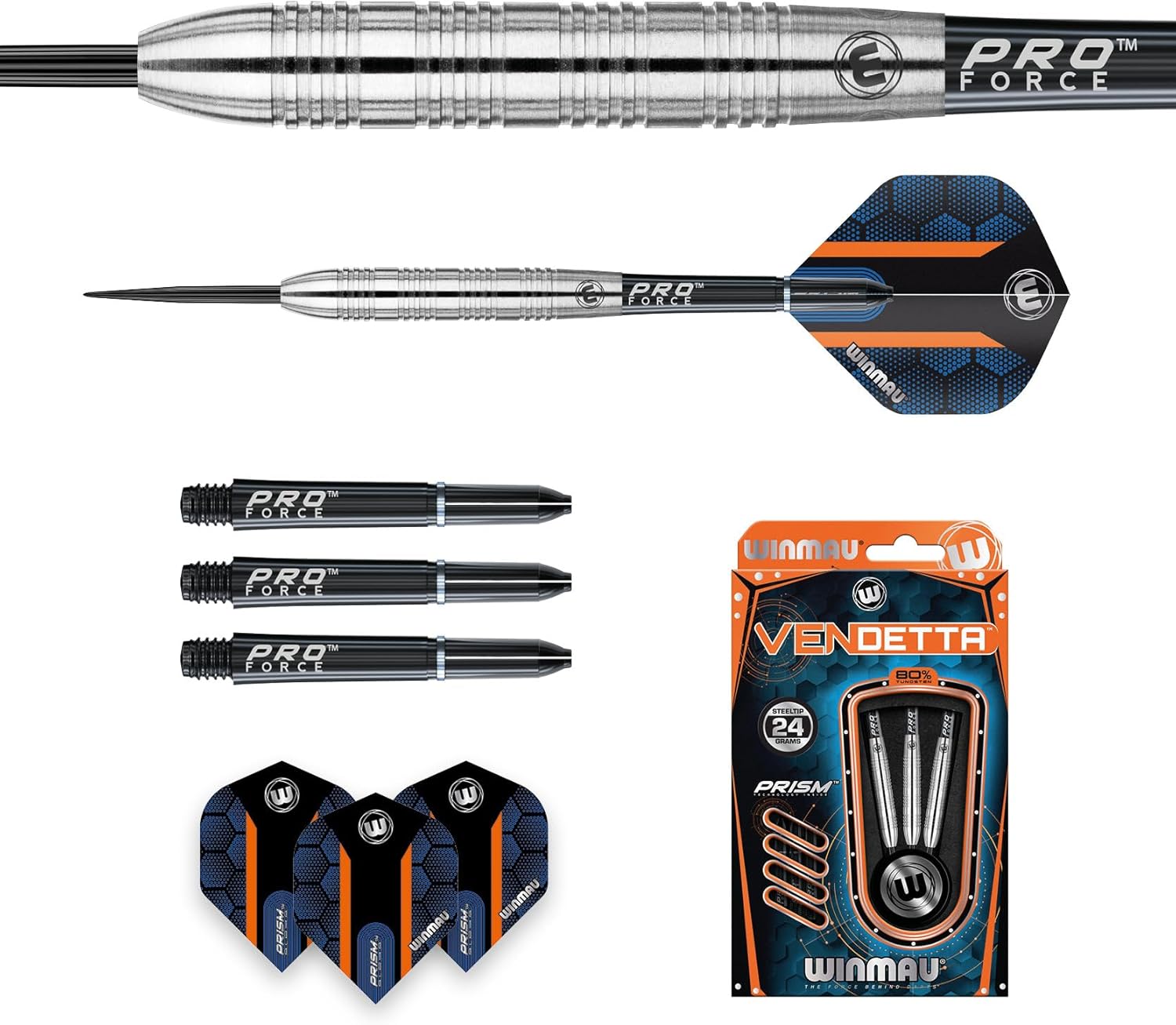 WINMAU Darts - Vendetta 24g 80% Tungsten Darts Set – High-Density Tungsten Dart Construction, Precision Steel Tips, Flights – Professional Dart Set - Competitive Play & Practice