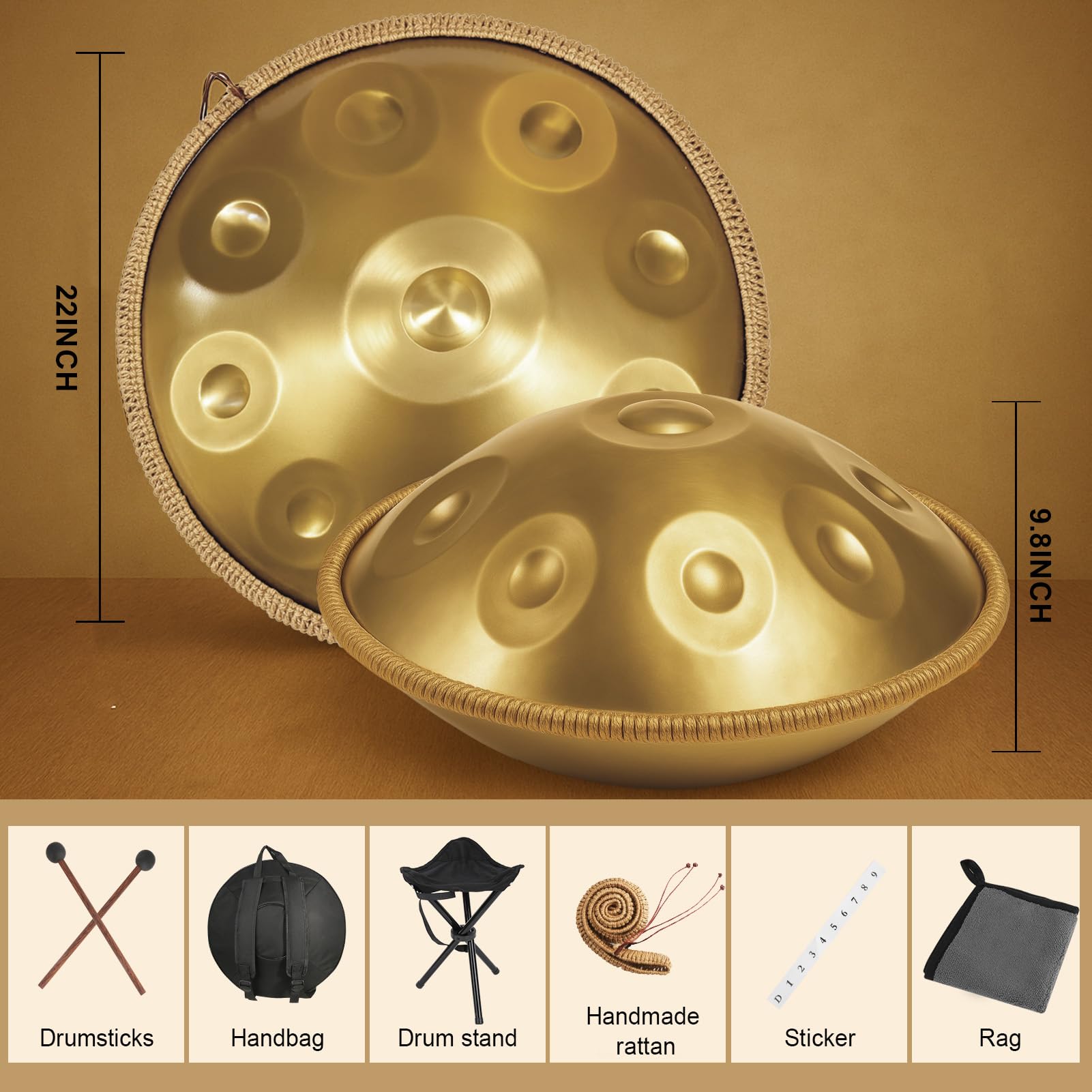 12 Töne Handpan Instrument, 22 Zoll Gold Hand Pan Drum Steel Tongue Drum Zungentrommel für Yoga, Meditation mit Handtaschen Trommelstöcken, Trommelständer, Lappen (440HZ)