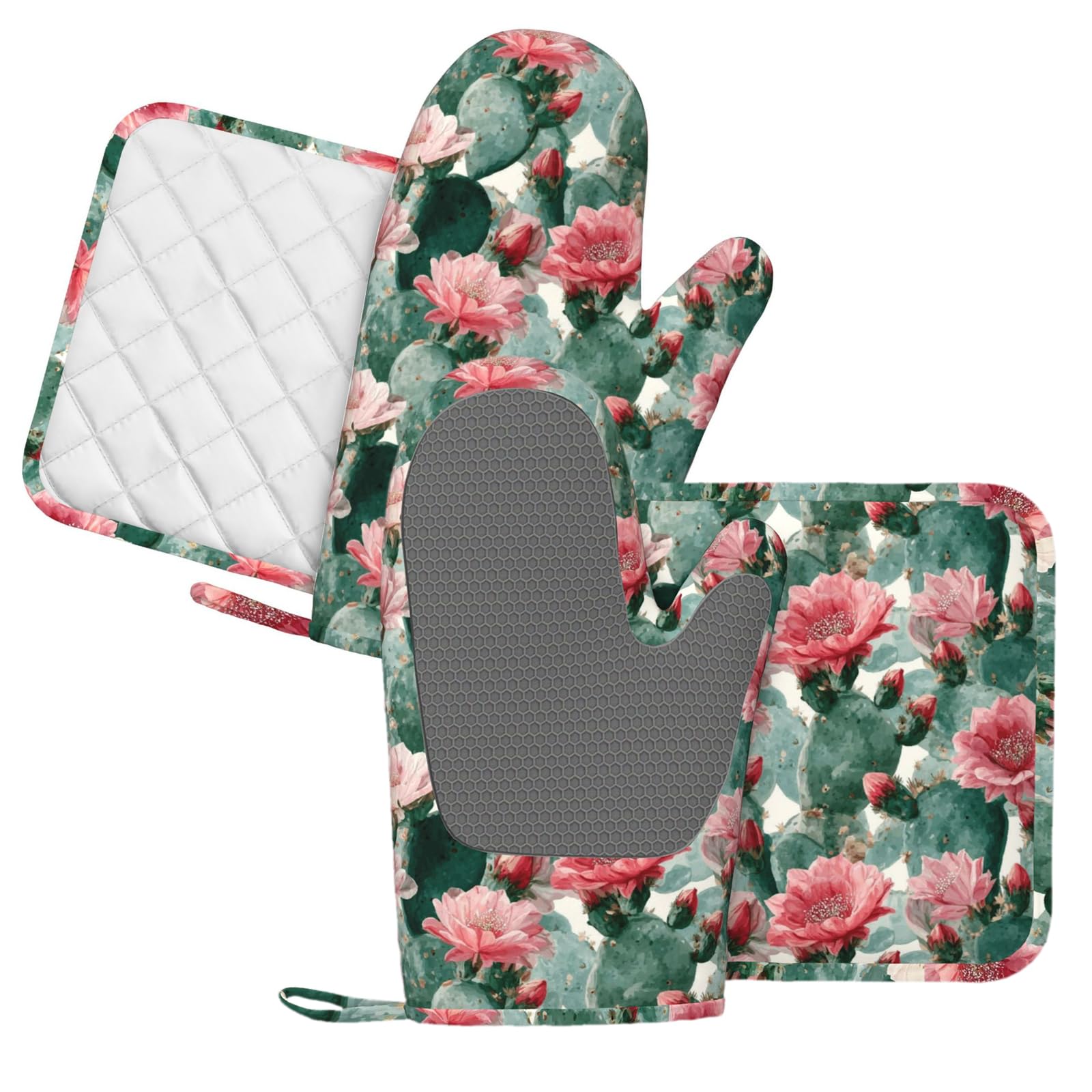 Manoplas de horno y soportes para ollas con diseño de flores de cactus bohemio, 4 unidades