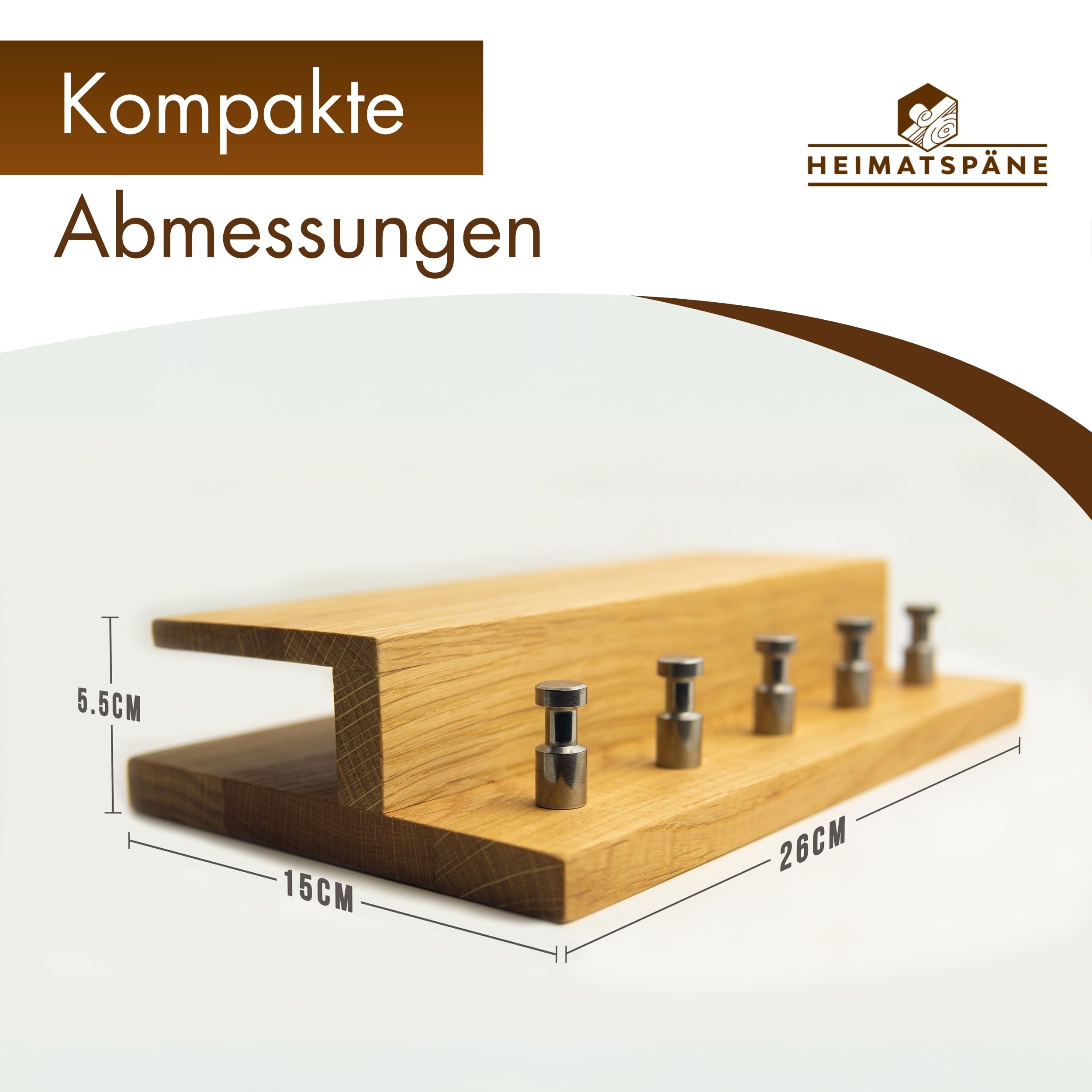 Heimatspäne Schlüsselbrett Holz – Hochwertige Edelstahlhaken und echtes Eichenholz – handgemachtes Schlüsselbrett aus Holz mit Ablage