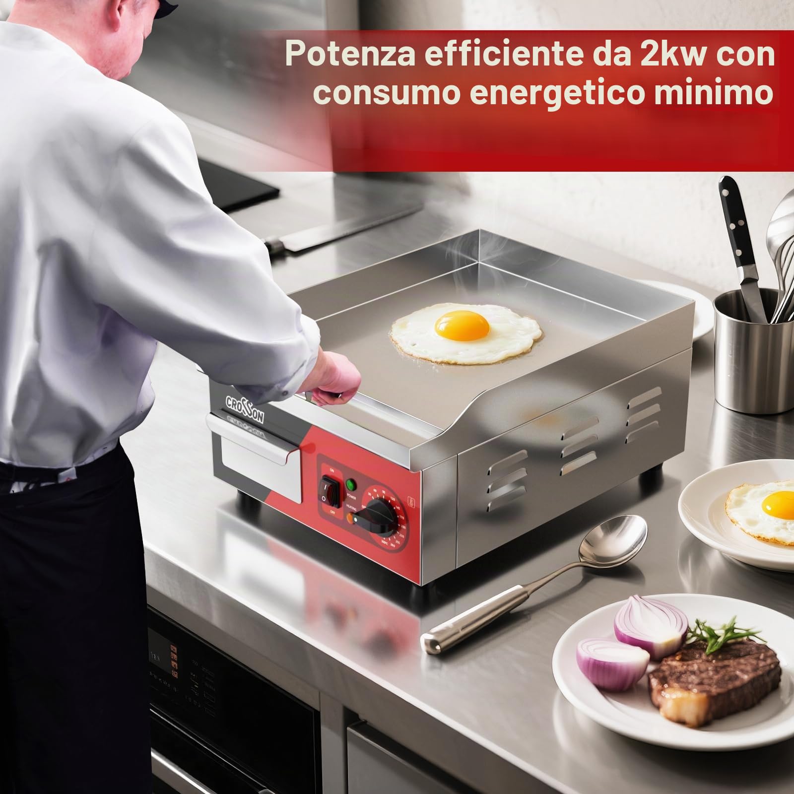 CROSSON Piastra Elettrica Commerciale 2000W,Plancha Elettrica Inox 36 x 40 cm, Temperatura Regolabile 60-300°C con Spatola per Ristoranti Luoghi Pubblici e Barbecue