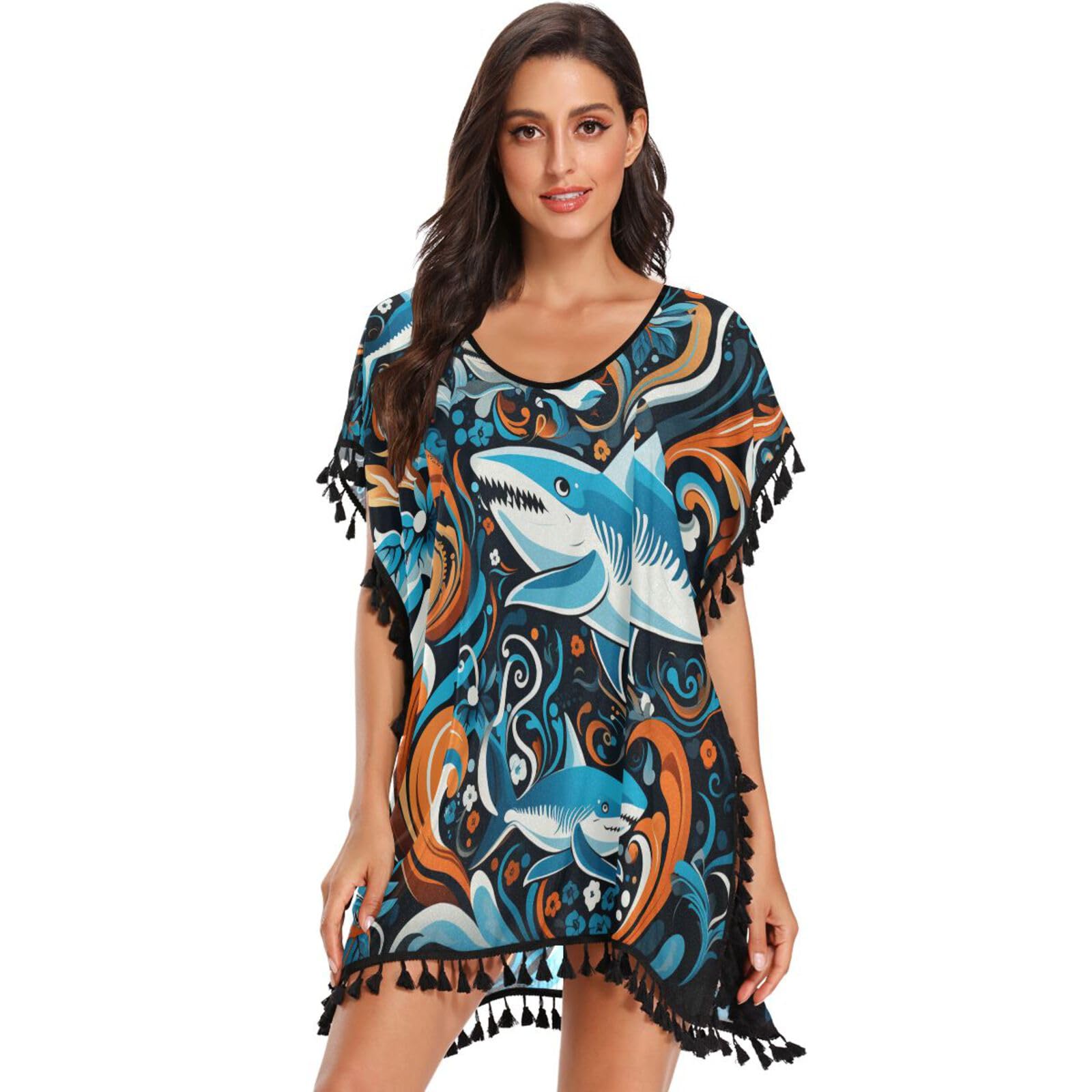 Cute Cartoon Sea Sharks Women's Beach Cover Up Chiffon Tassel Swimwear Swimsuit Coverups for Girl