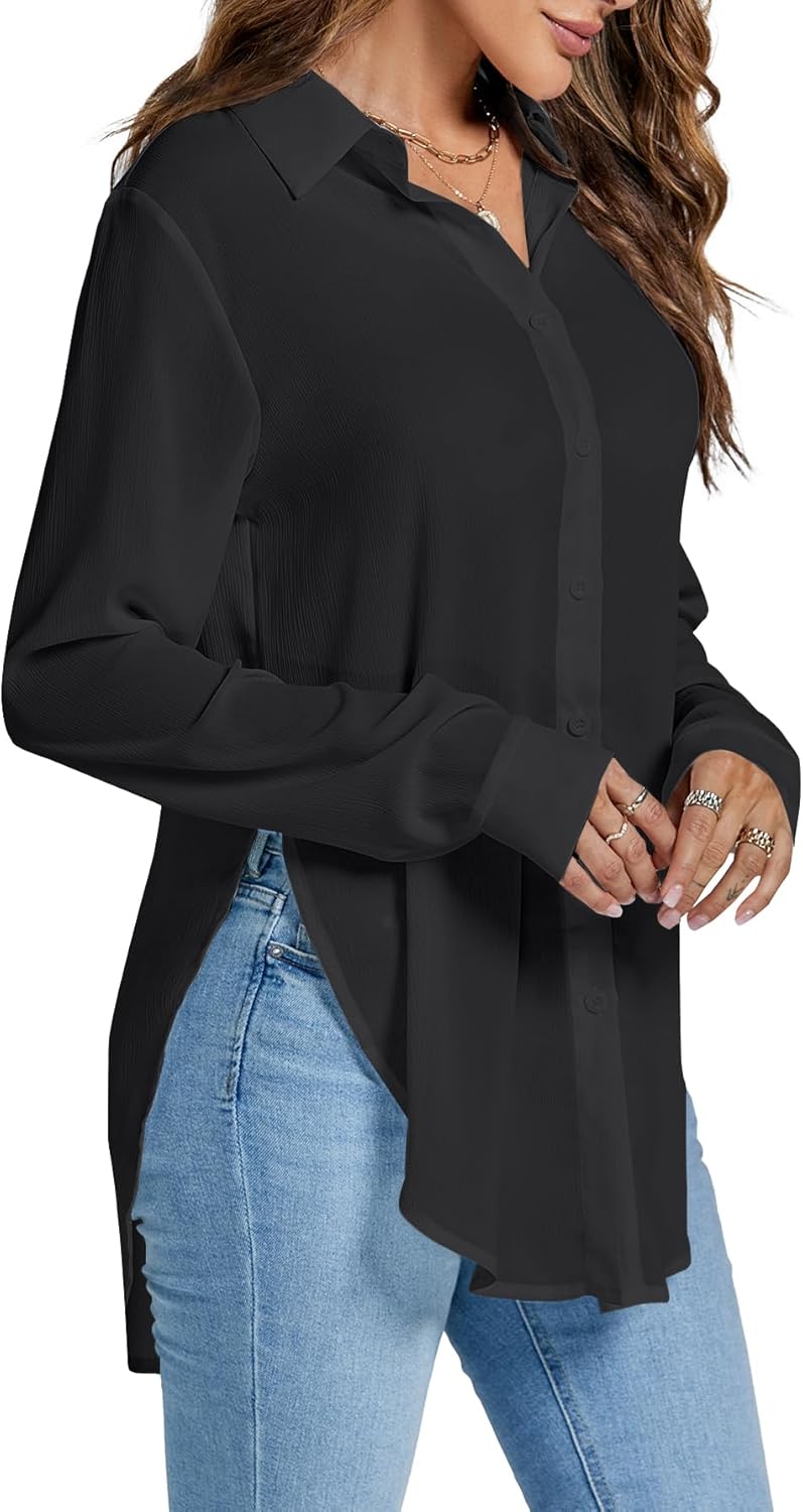 Rooscier Women's Sexy Sheer Collar V Neck Side Slit Long Sleeve Button Shirt Blouse Top - Image 3